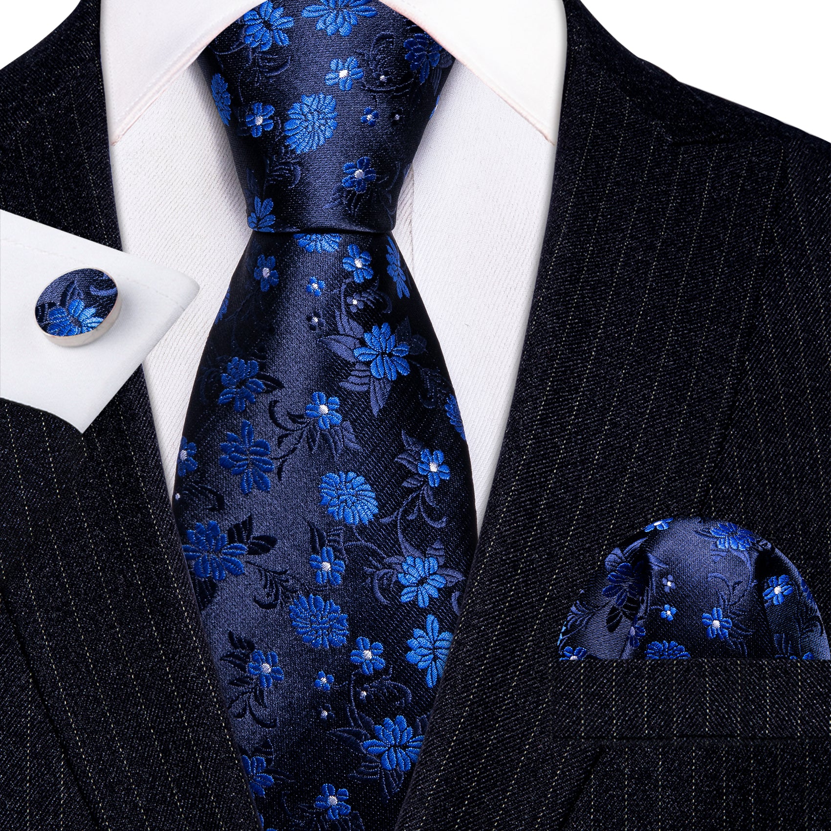 Black Blue Flower Silk Tie Pocket Square Cufflinks Set