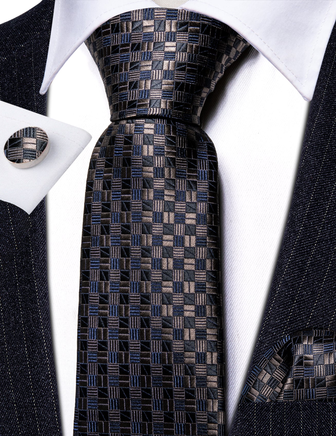 Black Brown Plaid Silk Tie Pocket Square Cufflinks Set