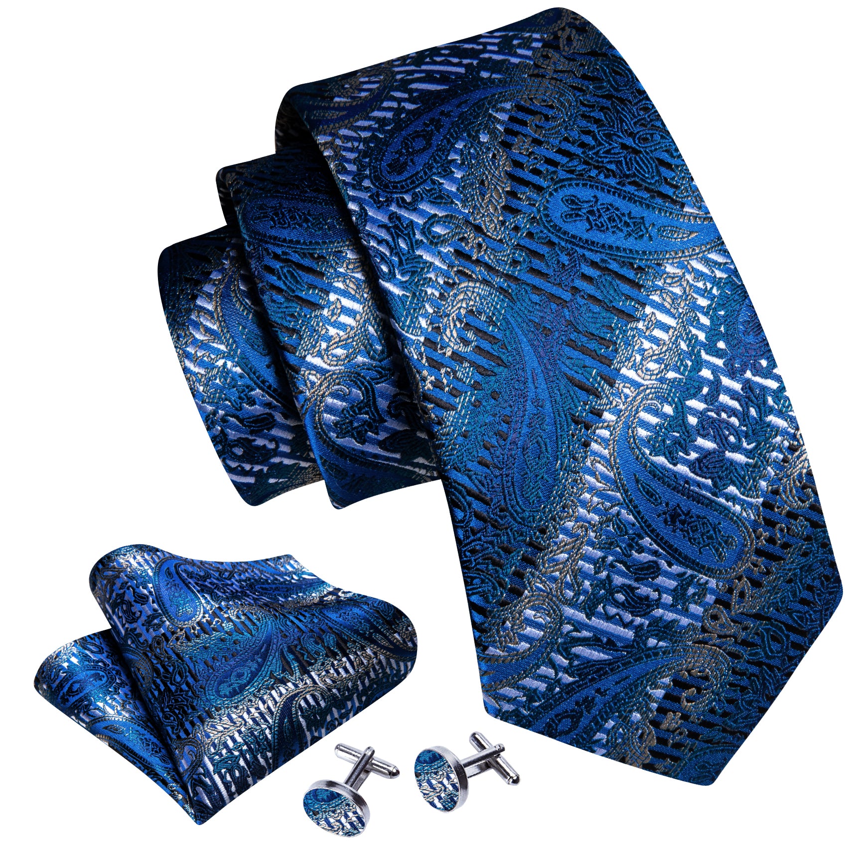 Blue Silver Paisley Silk Tie Handkerchief Cufflinks Set