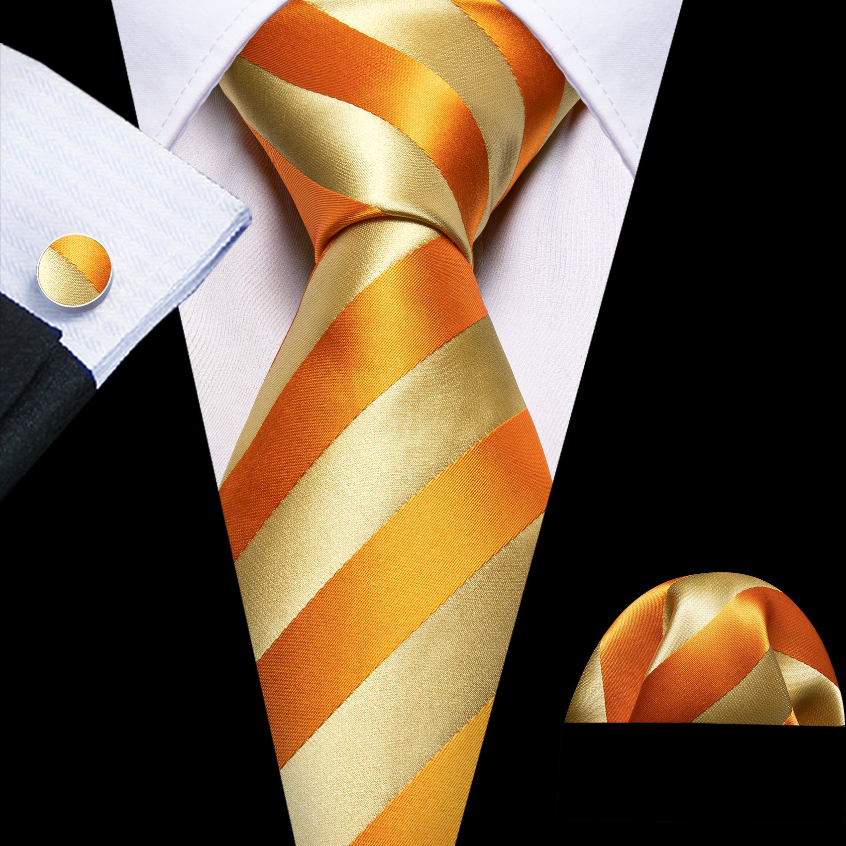 Gold Orange Striped Silk Tie Pocket Square Cufflinks Set