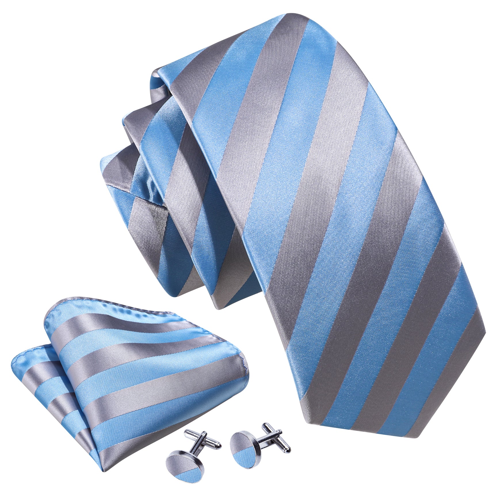 Blue Silver 59 Inches Striped Silk Tie Hanky Cufflinks Set