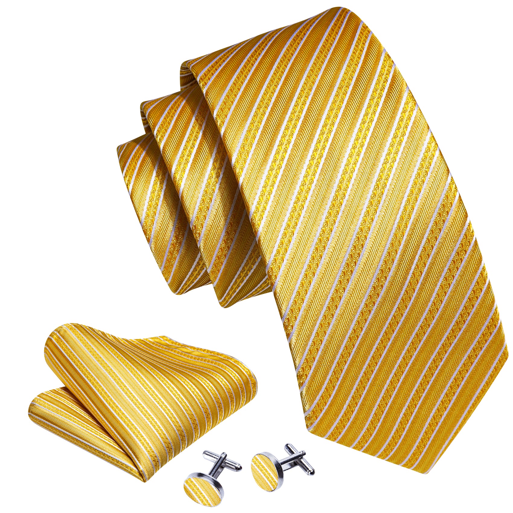 Yellow White Silk Striped Tie Pocket Square Cufflinks Set