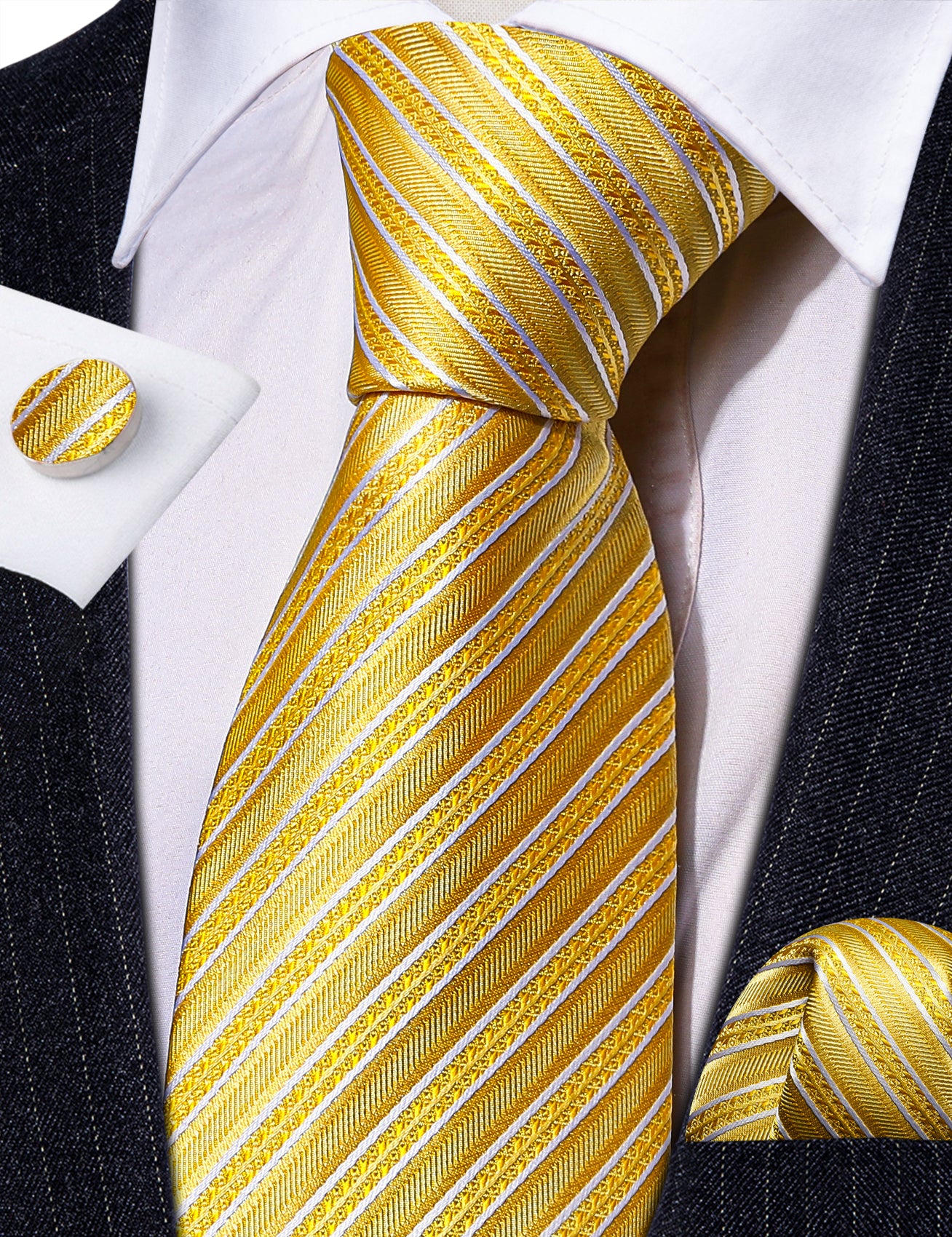 Yellow White Silk Striped Tie Pocket Square Cufflinks Set