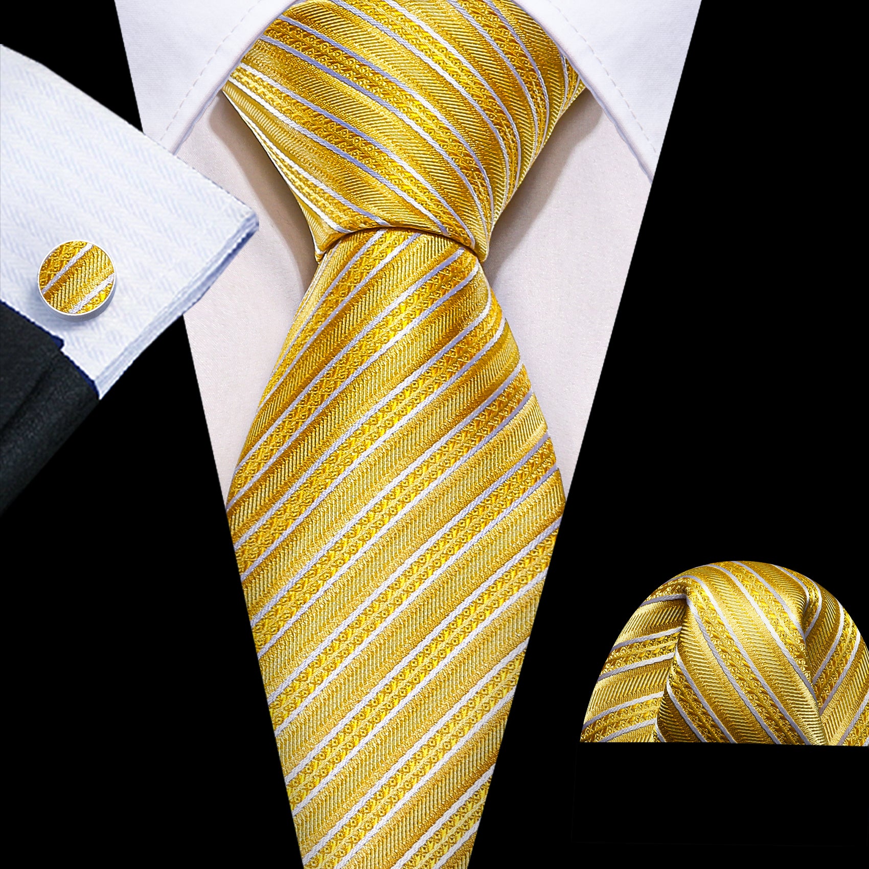 Yellow White Silk Striped Tie Pocket Square Cufflinks Set