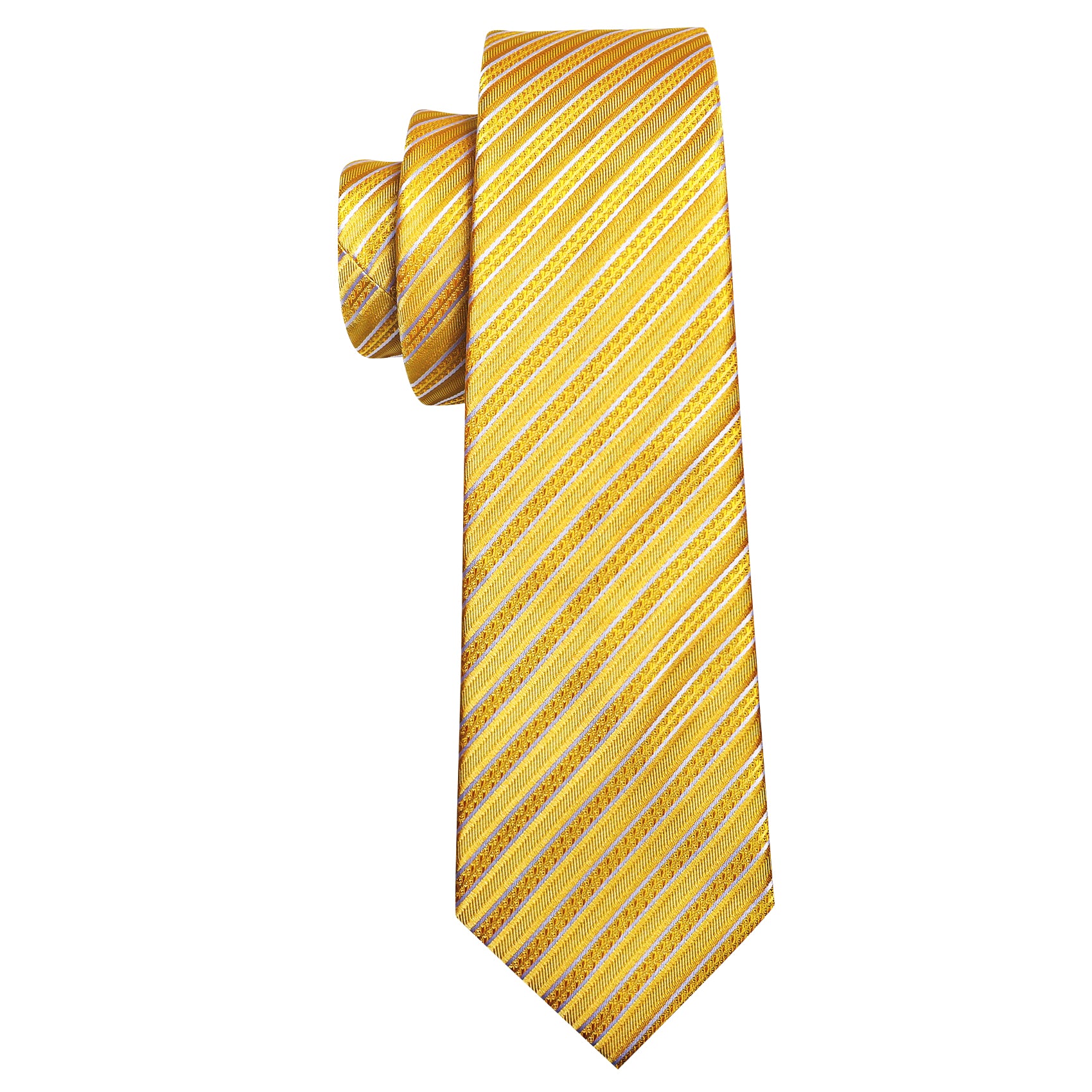 Yellow White Silk Striped Tie Pocket Square Cufflinks Set