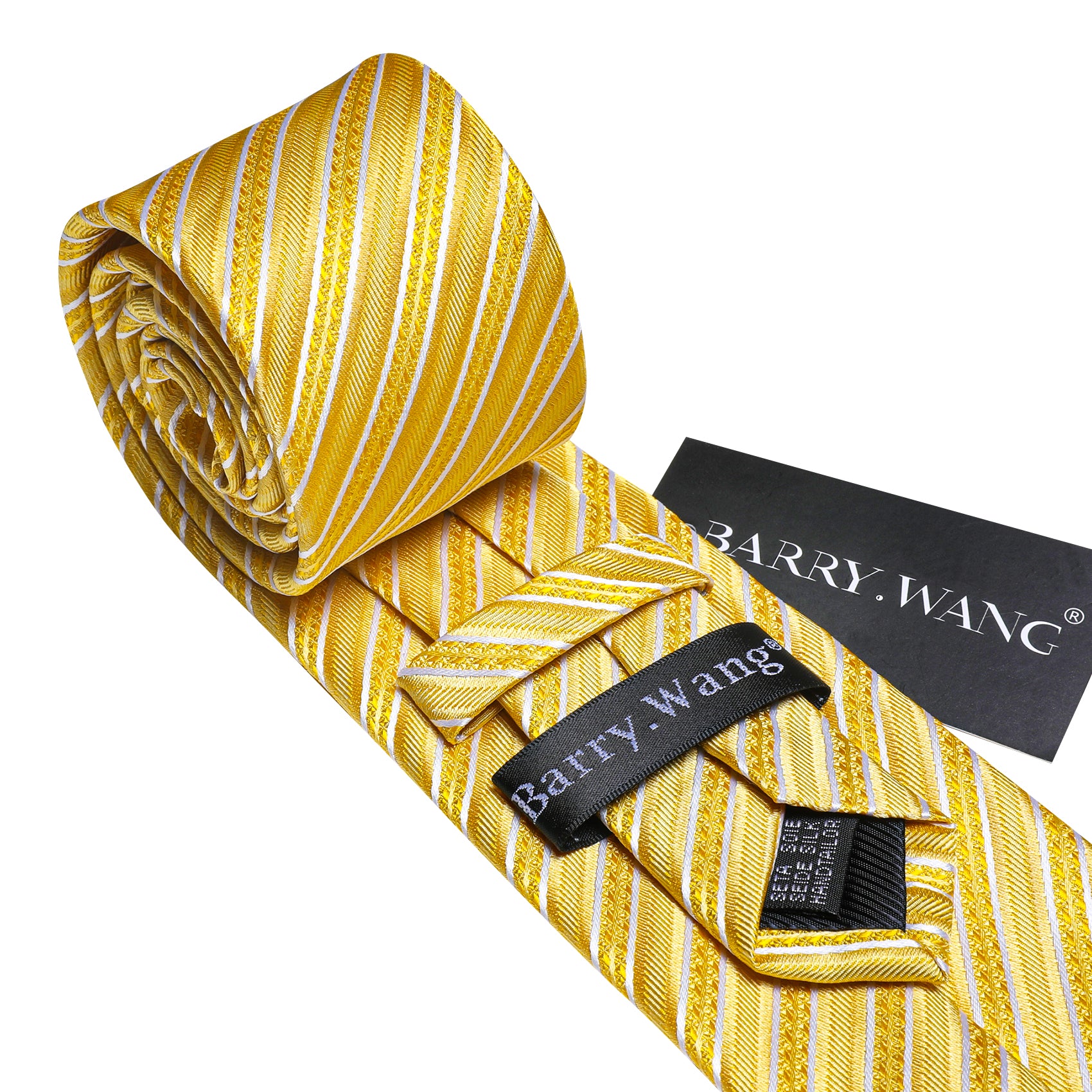 Yellow White Silk Striped Tie Pocket Square Cufflinks Set
