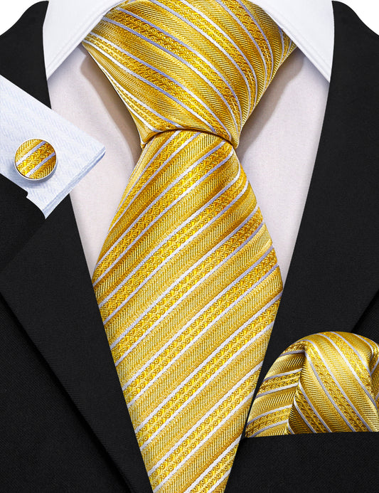 Yellow White Silk Striped Tie Pocket Square Cufflinks Set