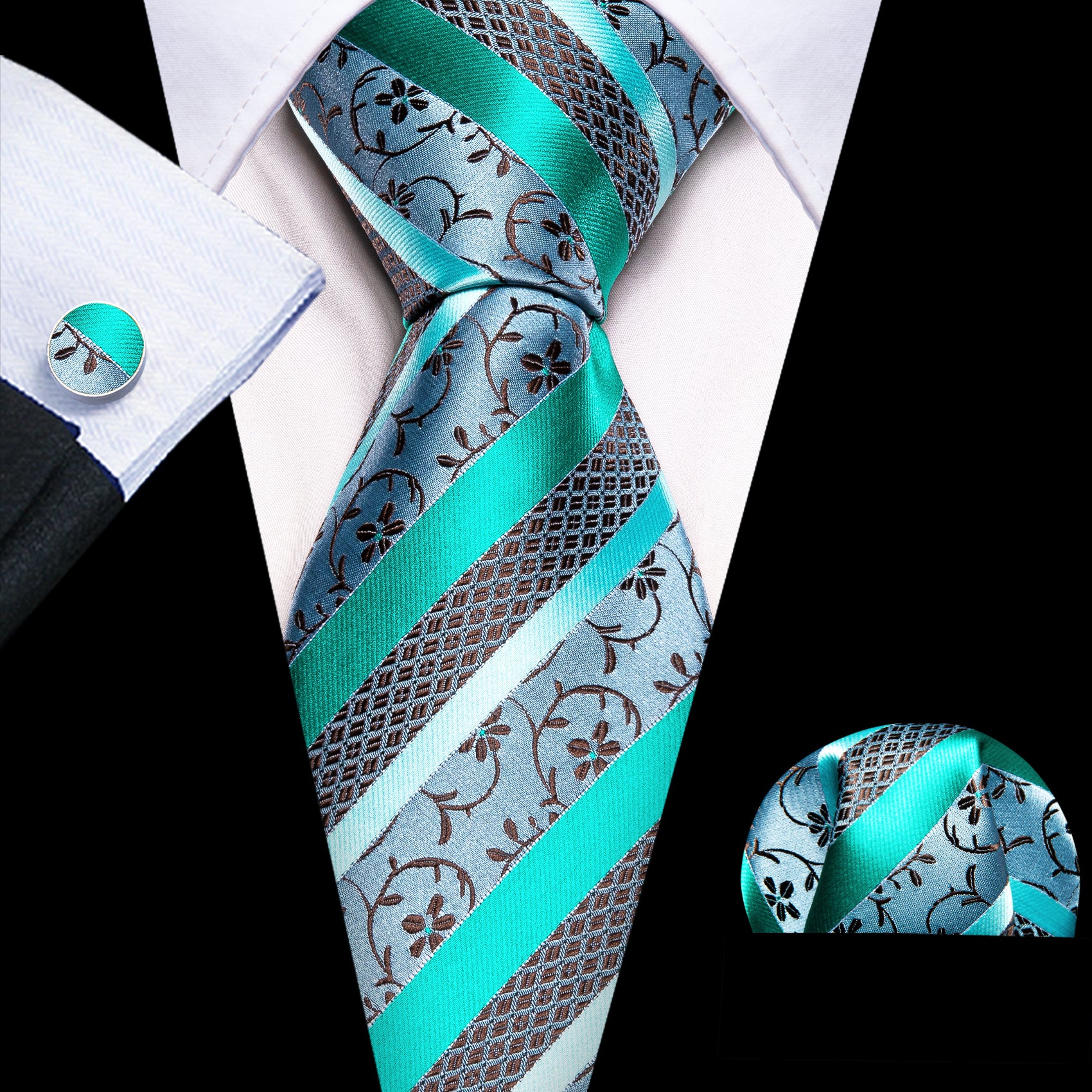 Blue Brown Floral Striped Tie Hanky Cufflinks Set