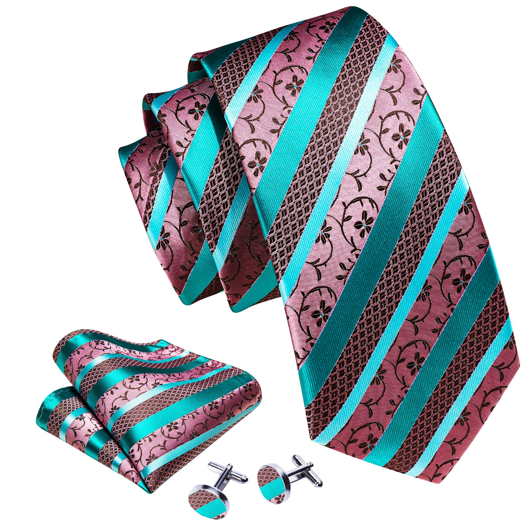 Blue Pink Floral Striped Silk Tie Set