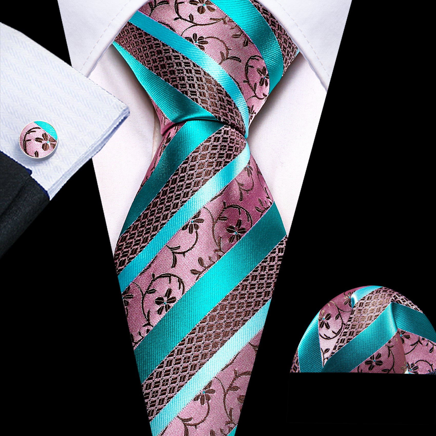 Blue Pink Floral Striped Silk Tie Set