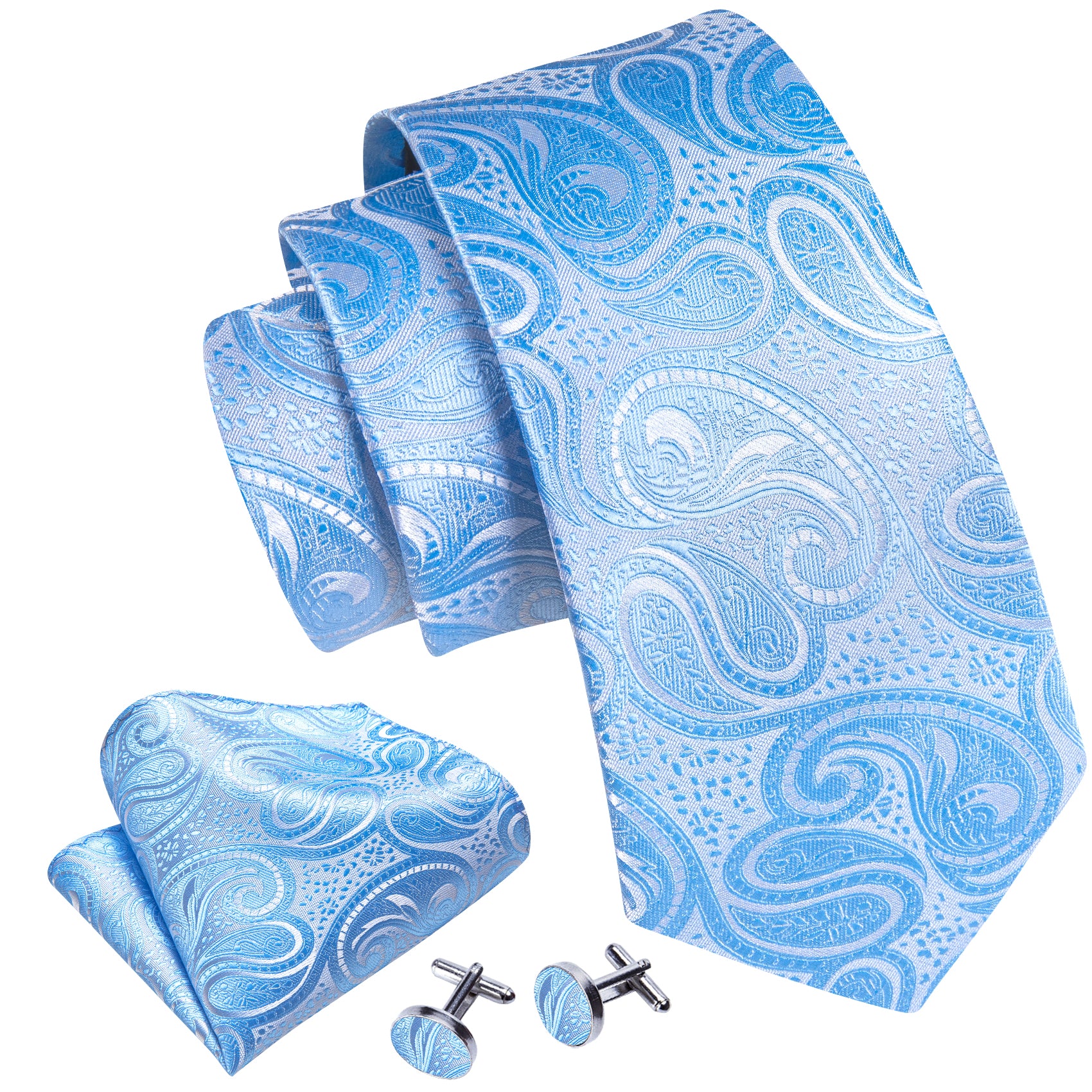 Light Blue Silver Paisley Silk Tie Pocket Square Cufflinks Set