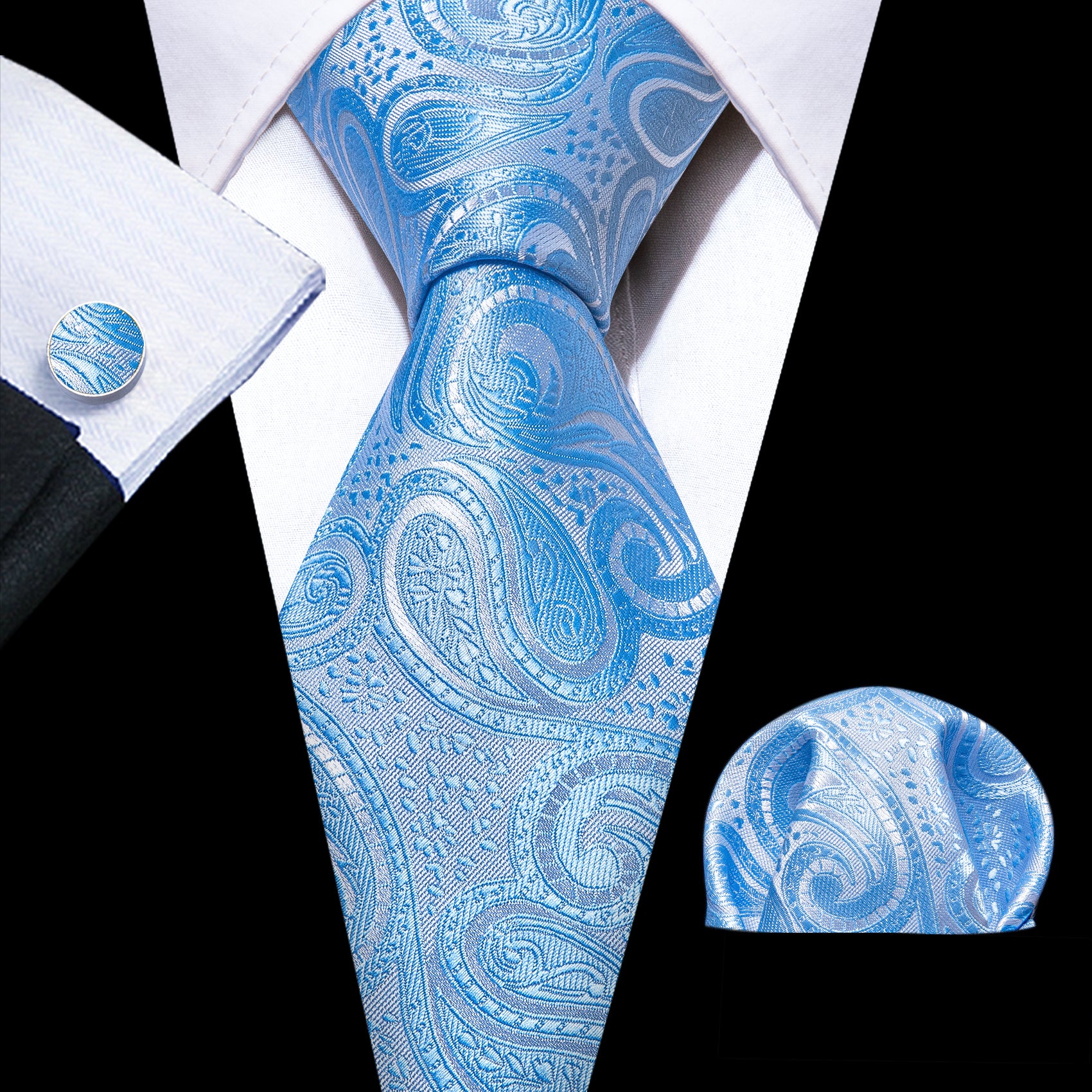 Light Blue Silver Paisley Silk Tie Pocket Square Cufflinks Set
