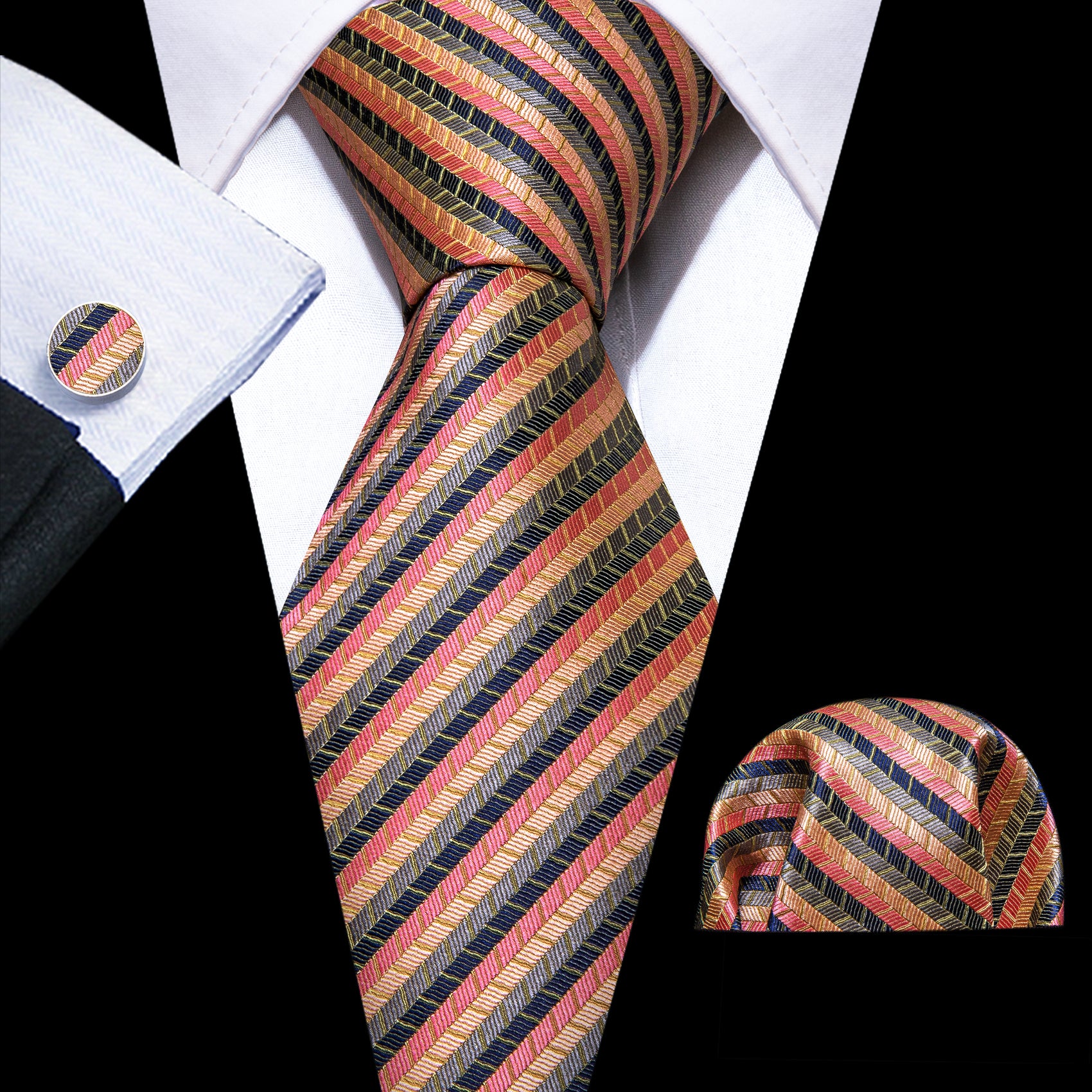 Colorful Striped Silk Tie Pocket Square Cufflinks Set