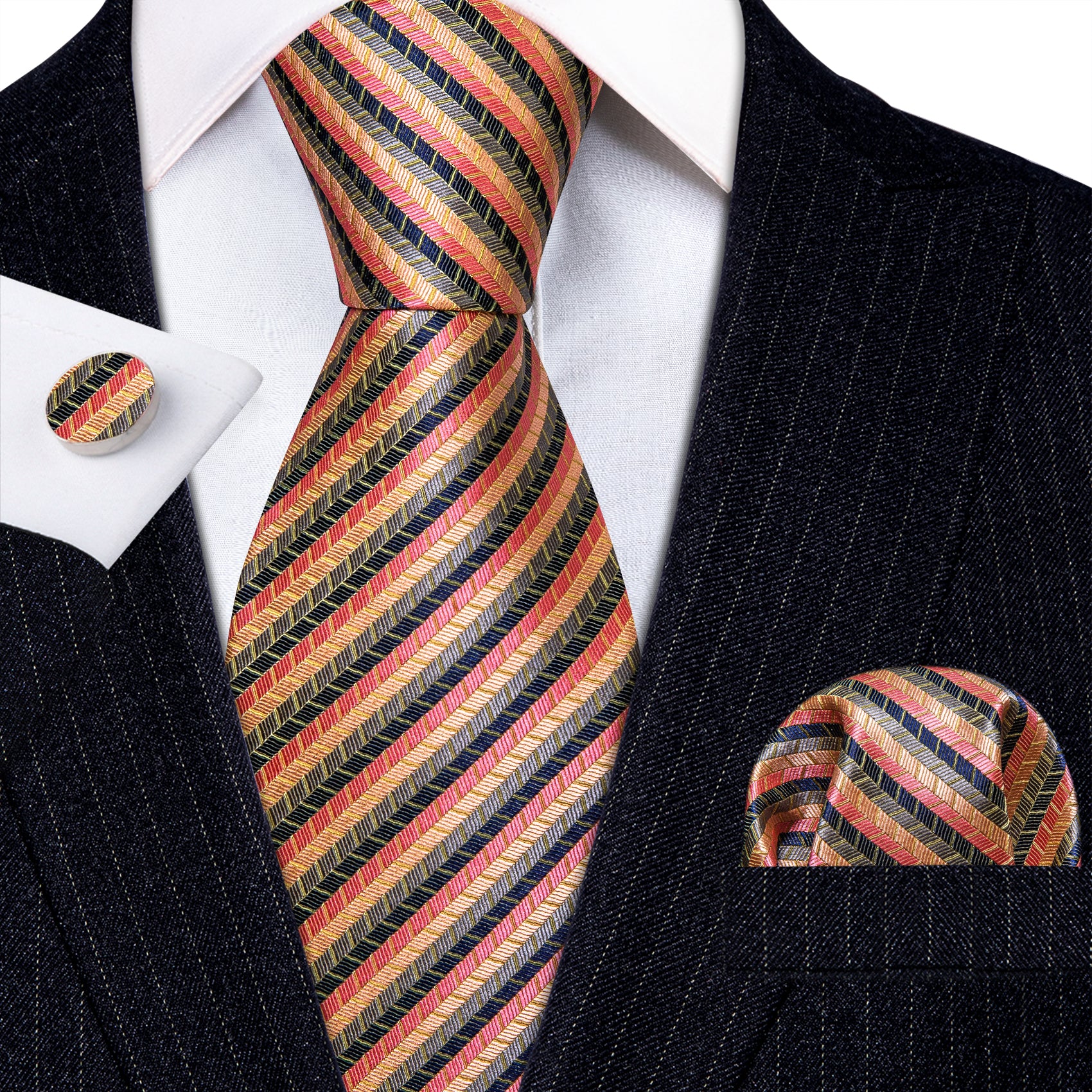 Colorful Striped Silk Tie Pocket Square Cufflinks Set