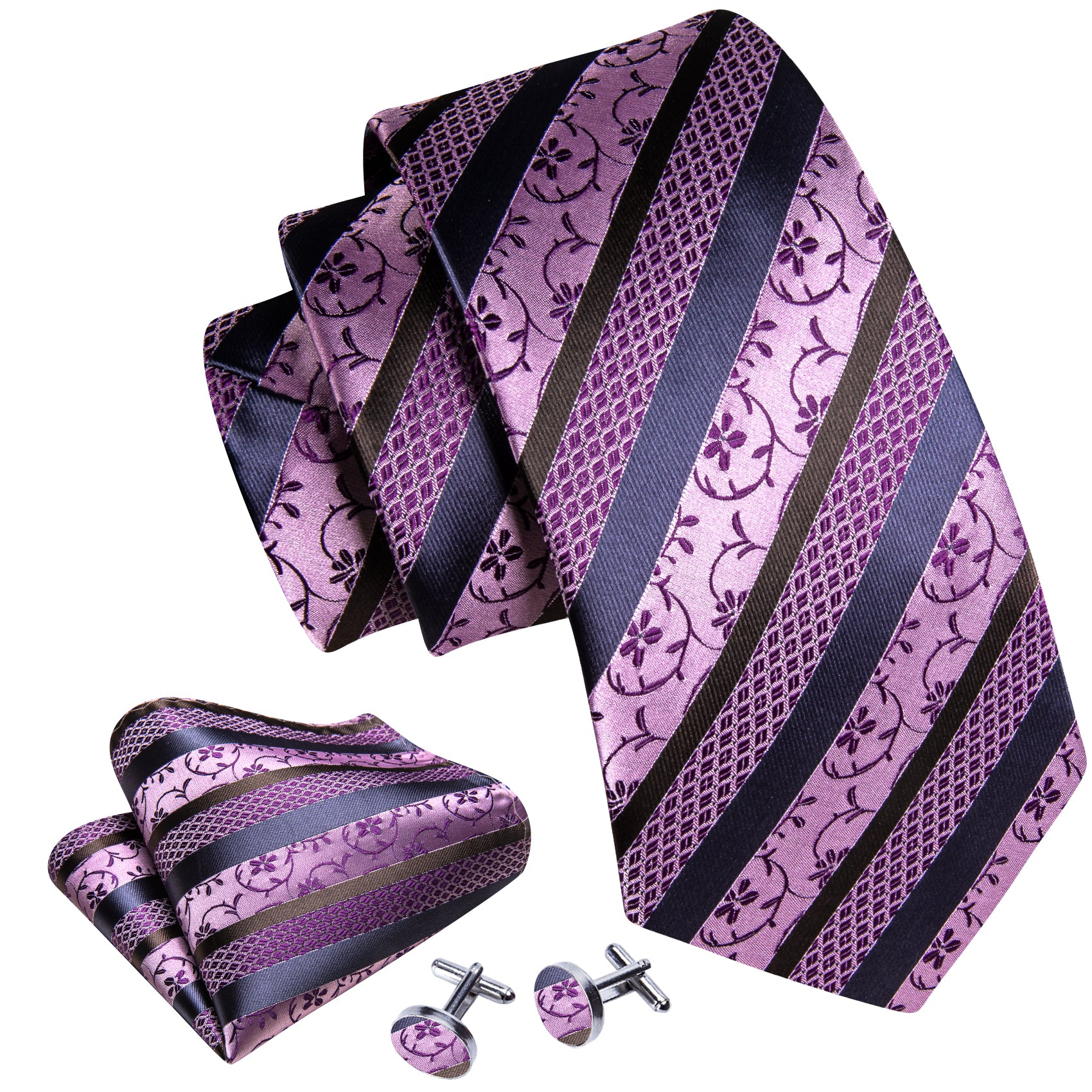 Purple Blue Striped Floral Silk Tie Pocket Square Cufflinks Set