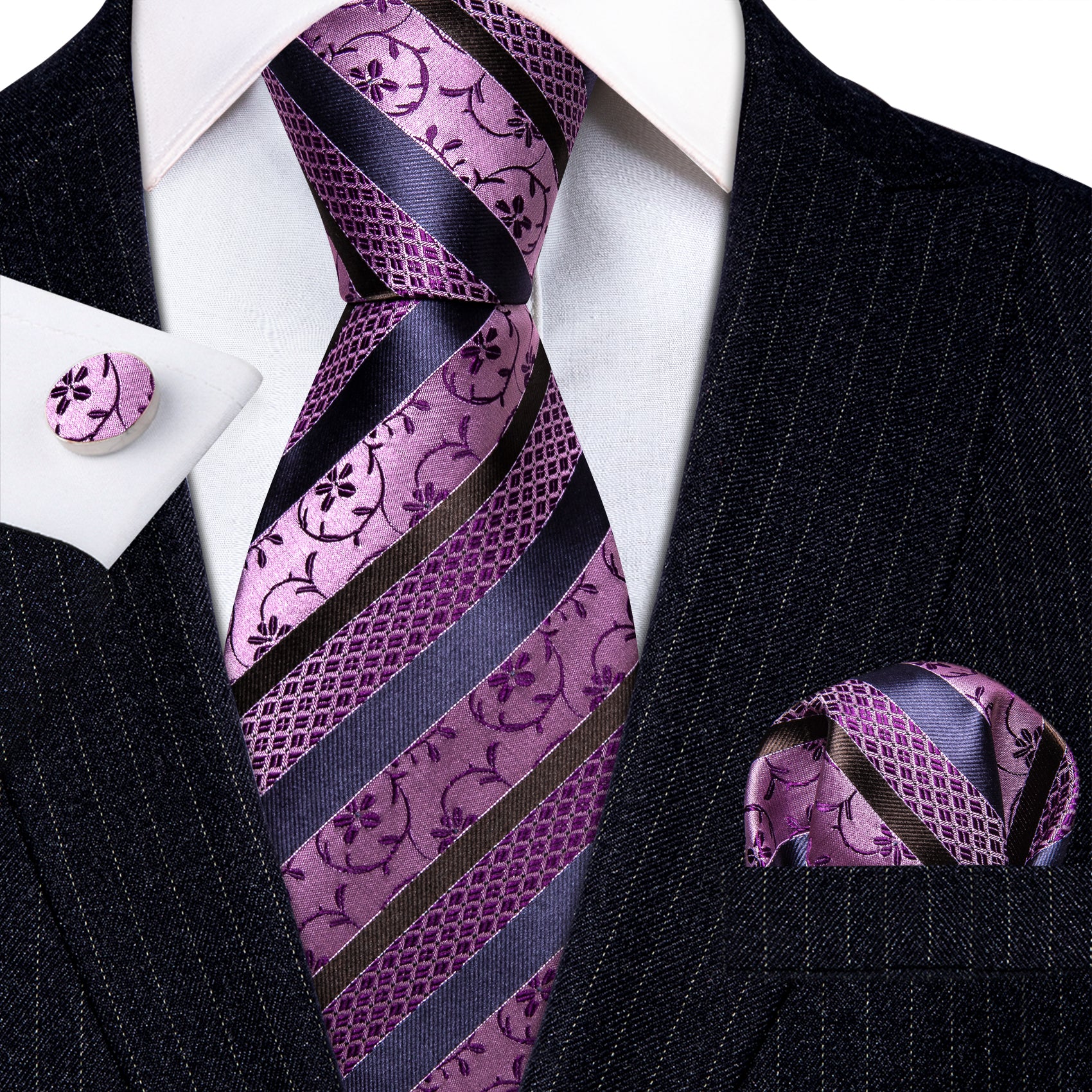 Purple Blue Striped Floral Silk Tie Pocket Square Cufflinks Set