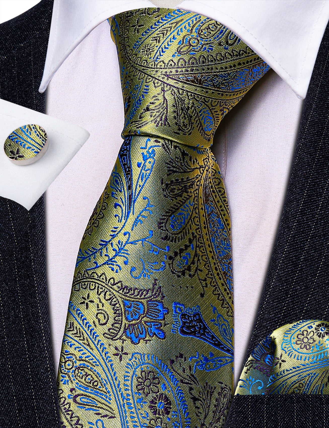 Green Blue Paisley Silk Tie Hanky Cufflinks Set