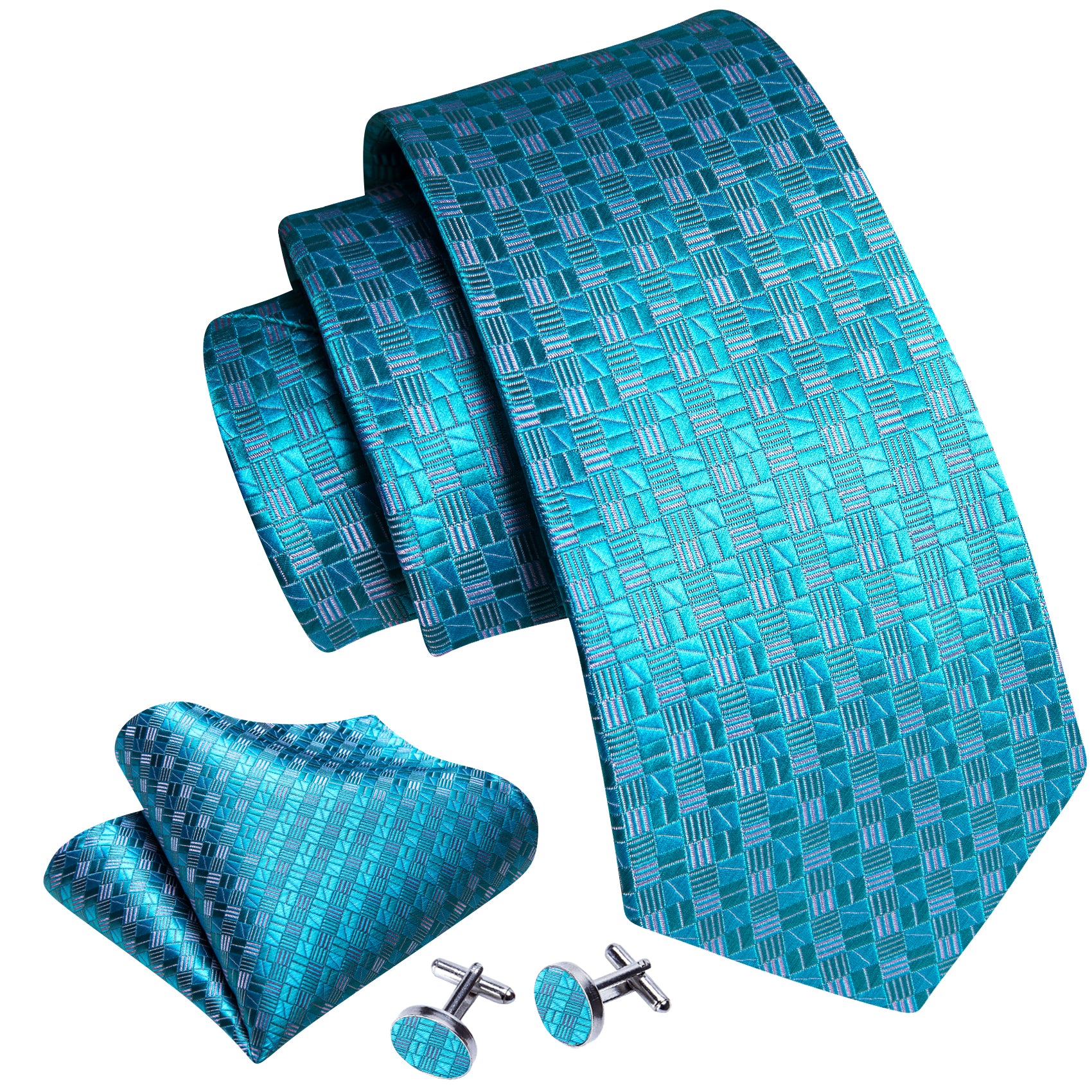 Cyan Blue Plaid Silk Tie Pocket Square Cufflinks Set