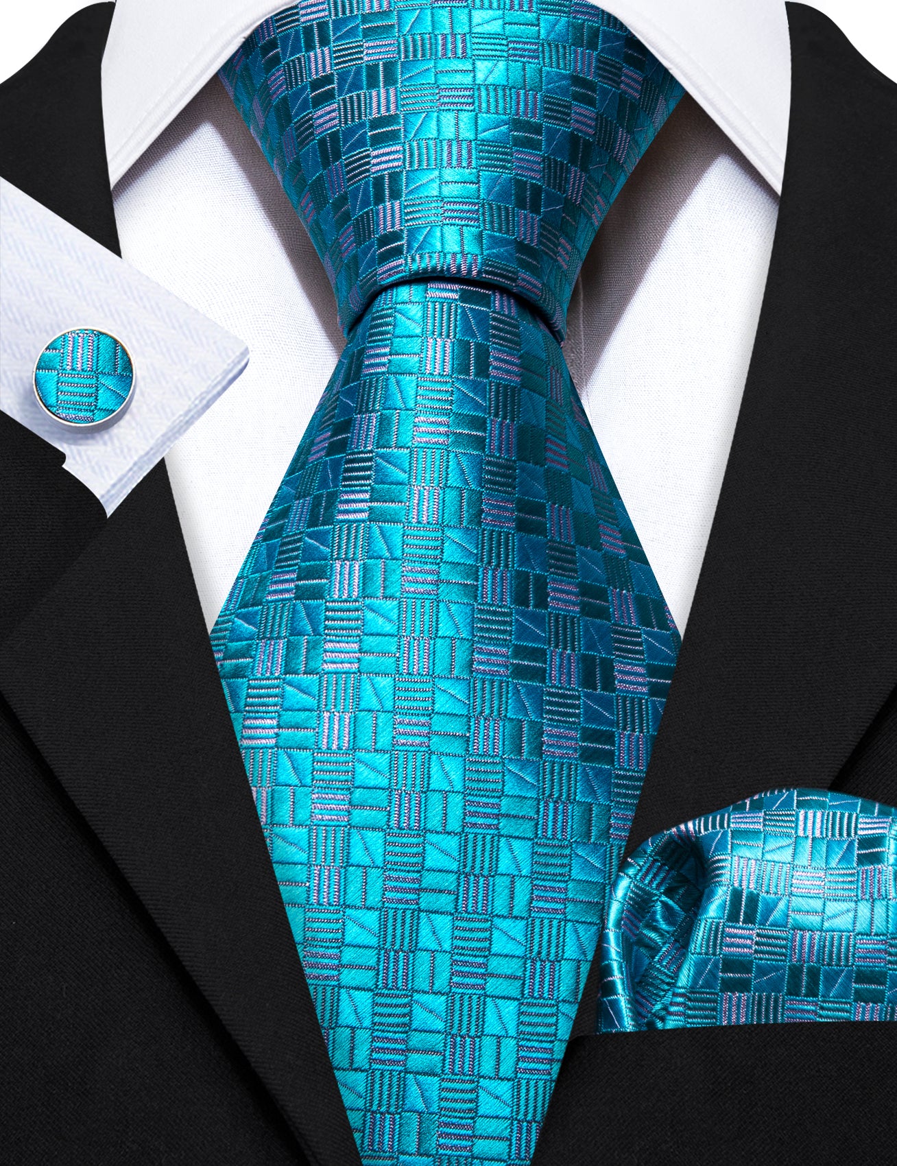 Cyan Blue Plaid Silk Tie Pocket Square Cufflinks Set