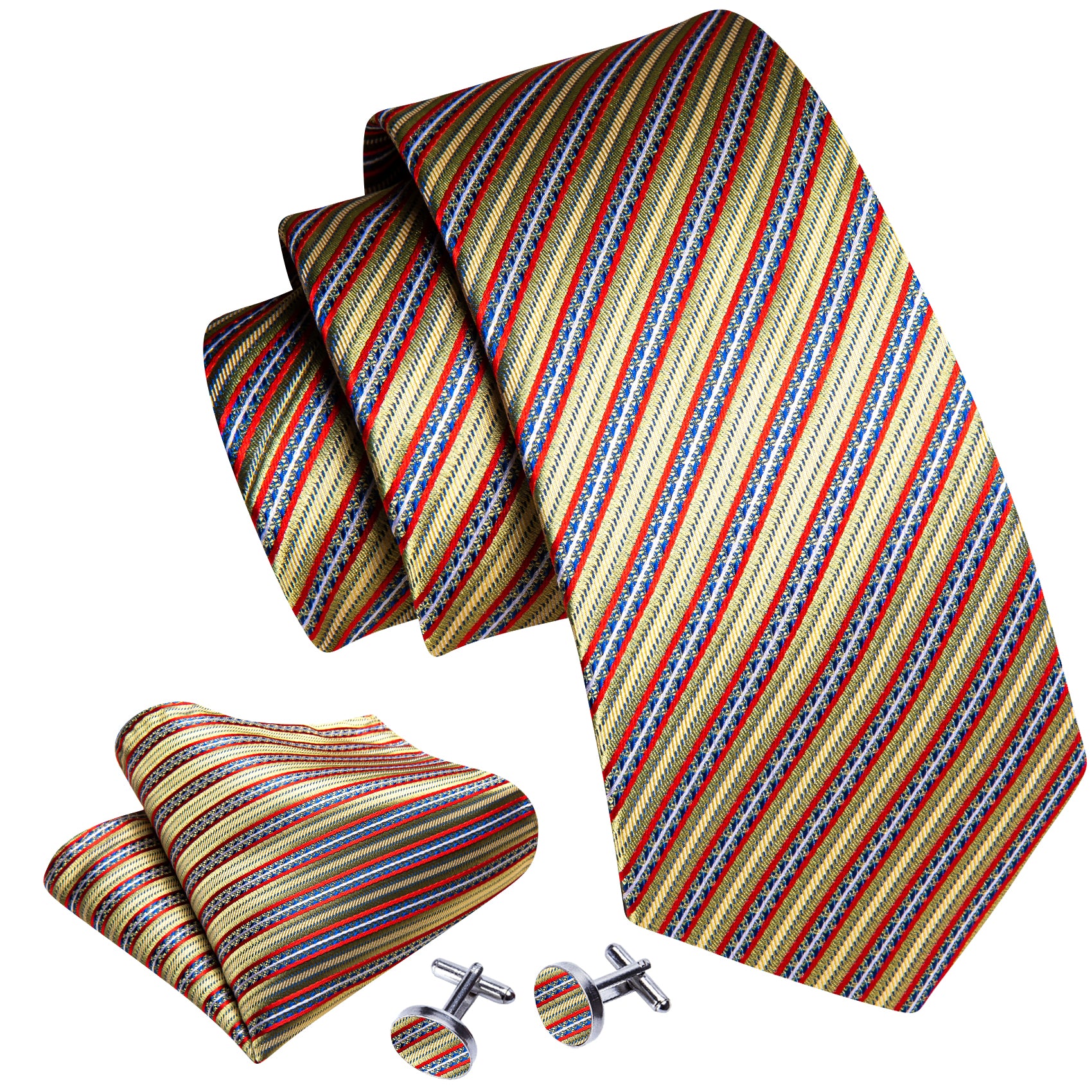 Red Gold Striped Floral Silk Tie Pocket Square Cufflinks Set