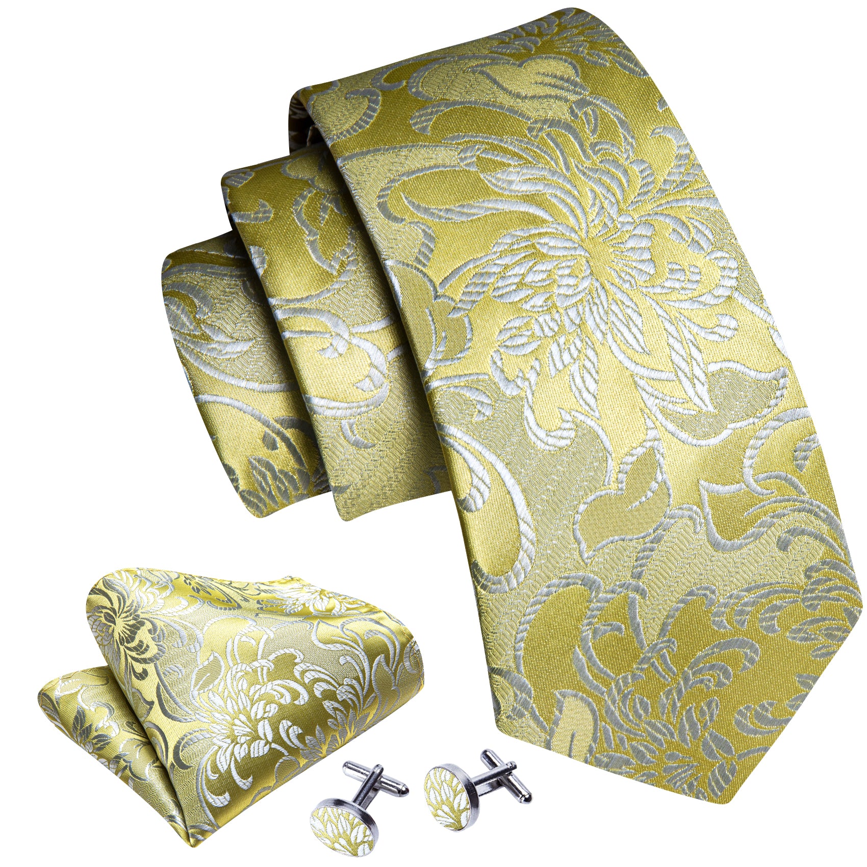 Yellow Silver Peony Silk Tie Pocket Square Cufflinks Set