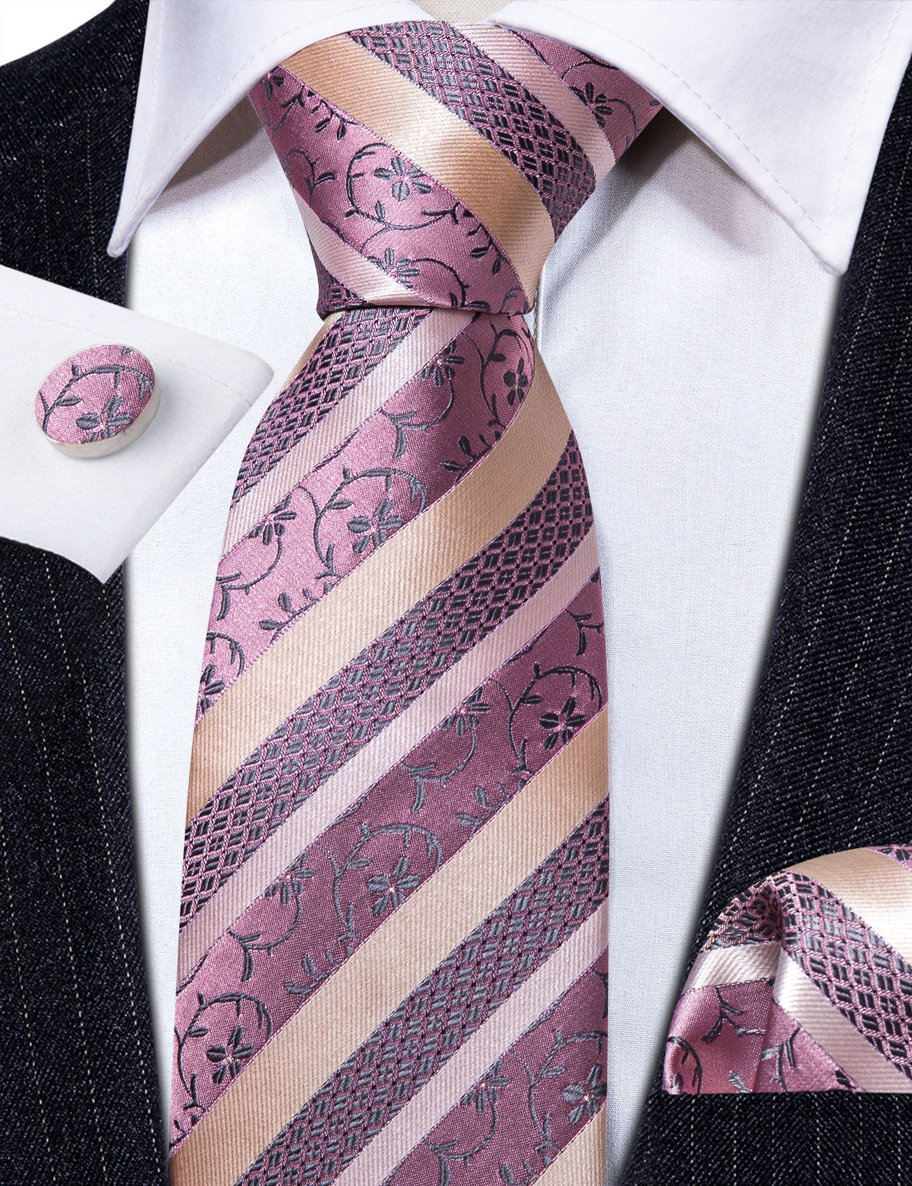 Pink Khaki Striped Floral Silk Tie Pocket Square Cufflinks Set