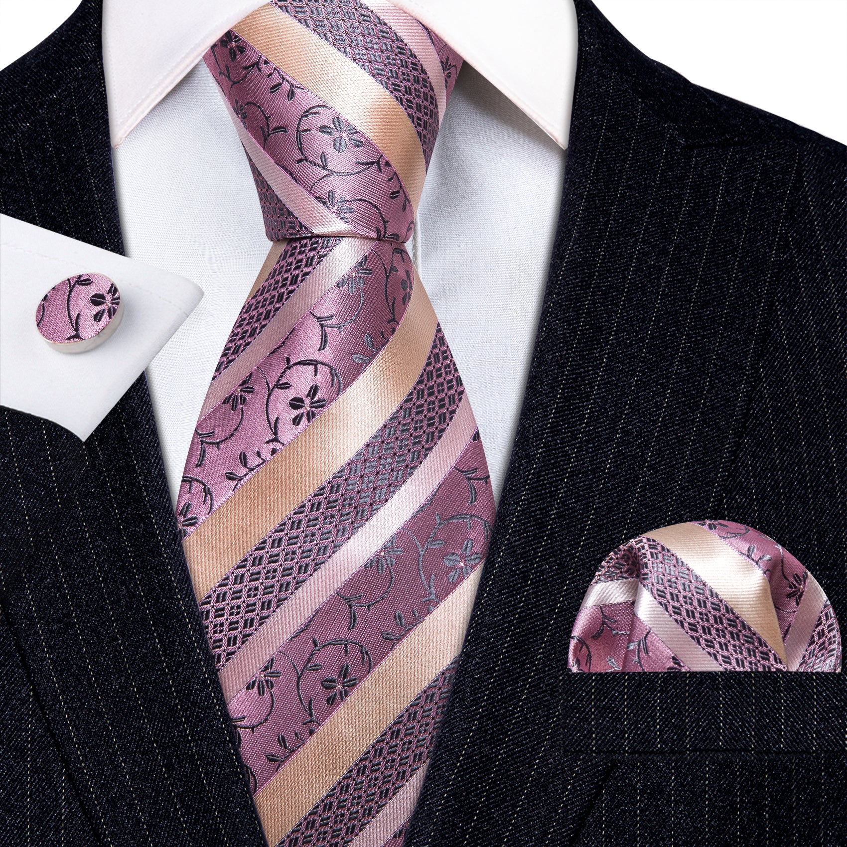 Pink Khaki Striped Floral Silk Tie Pocket Square Cufflinks Set