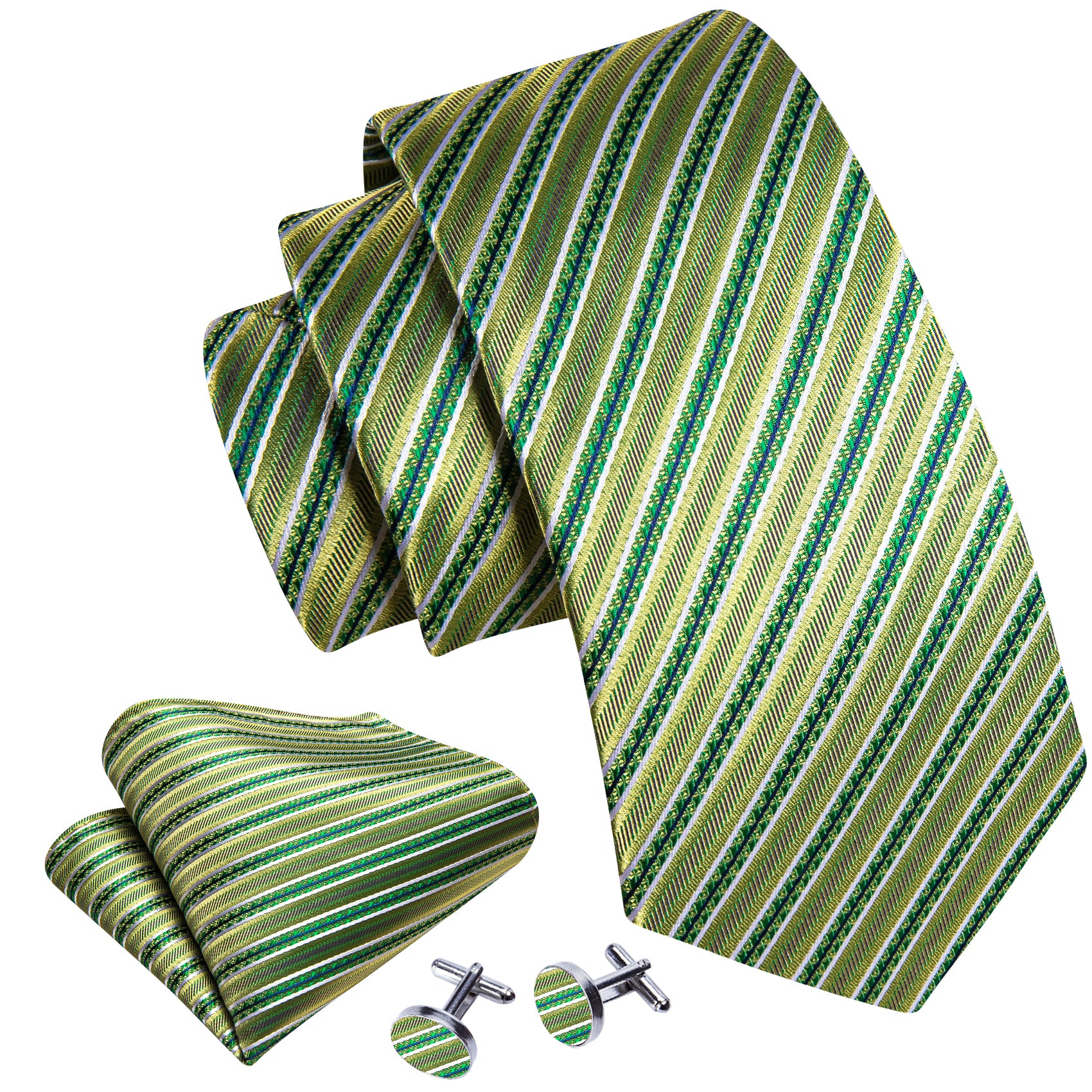 Green Striped Floral Silk Tie Pocket Square Cufflinks Set