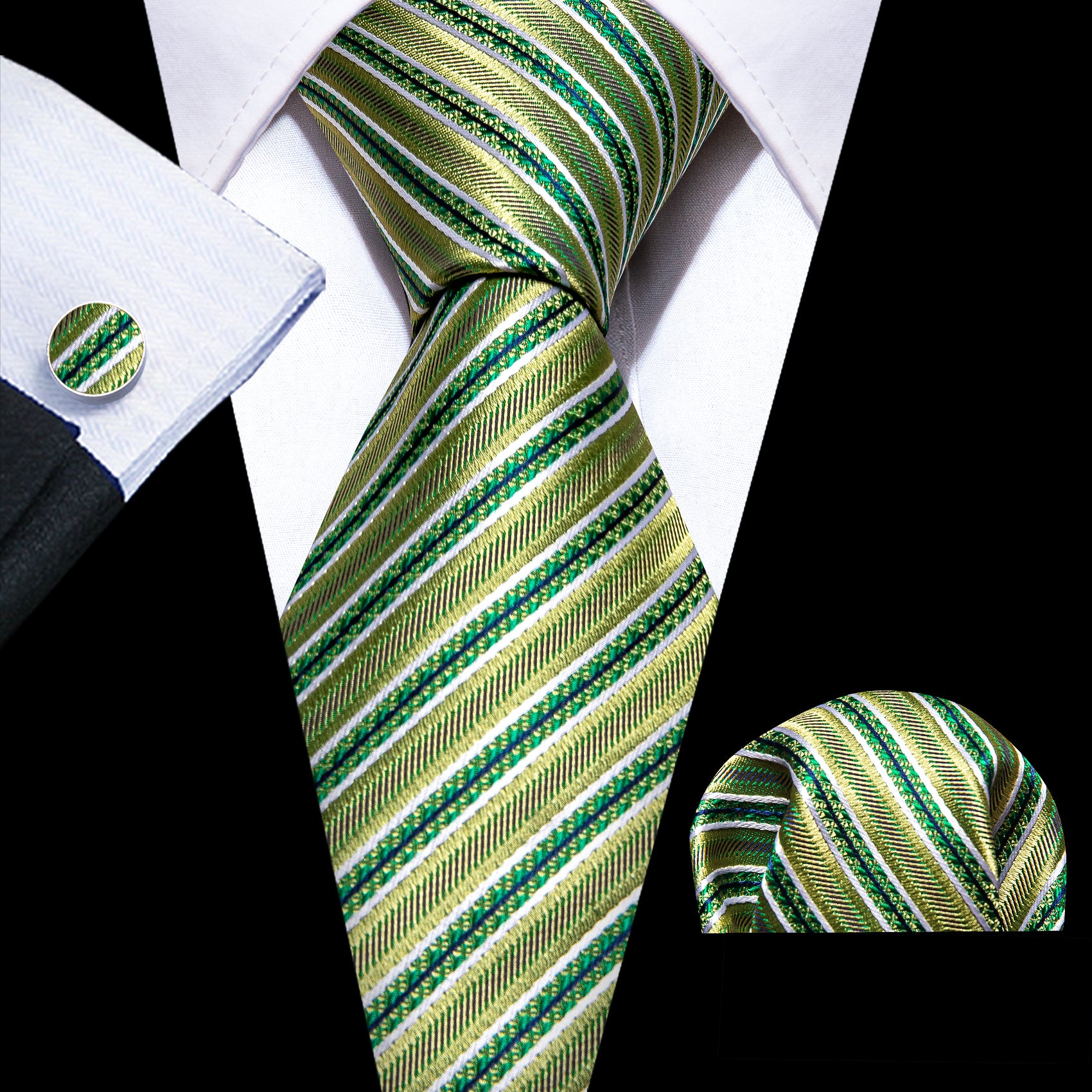Green Striped Floral Silk Tie Pocket Square Cufflinks Set