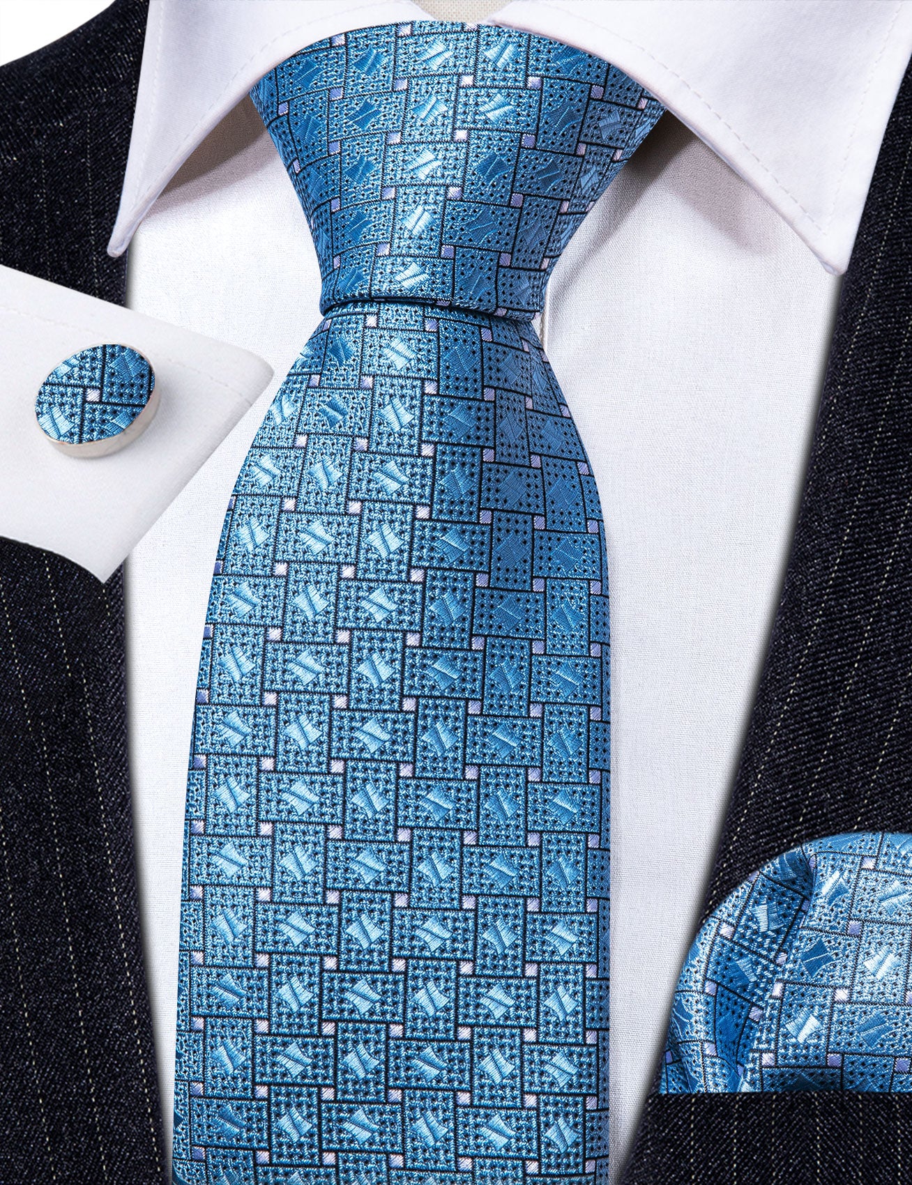 Novetly Blue White Silk Tie Pocket Square Cufflinks Set