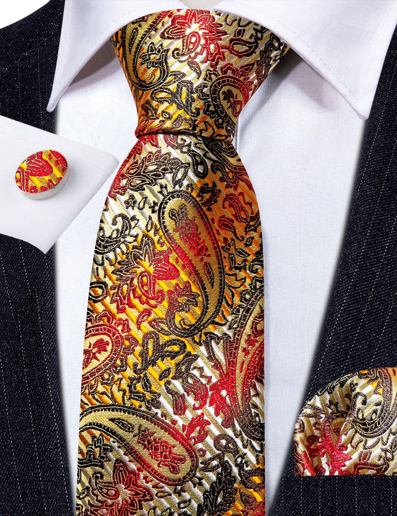 Colorful Gold Back Paisley Silk Tie Pocket Square Cufflinks Set