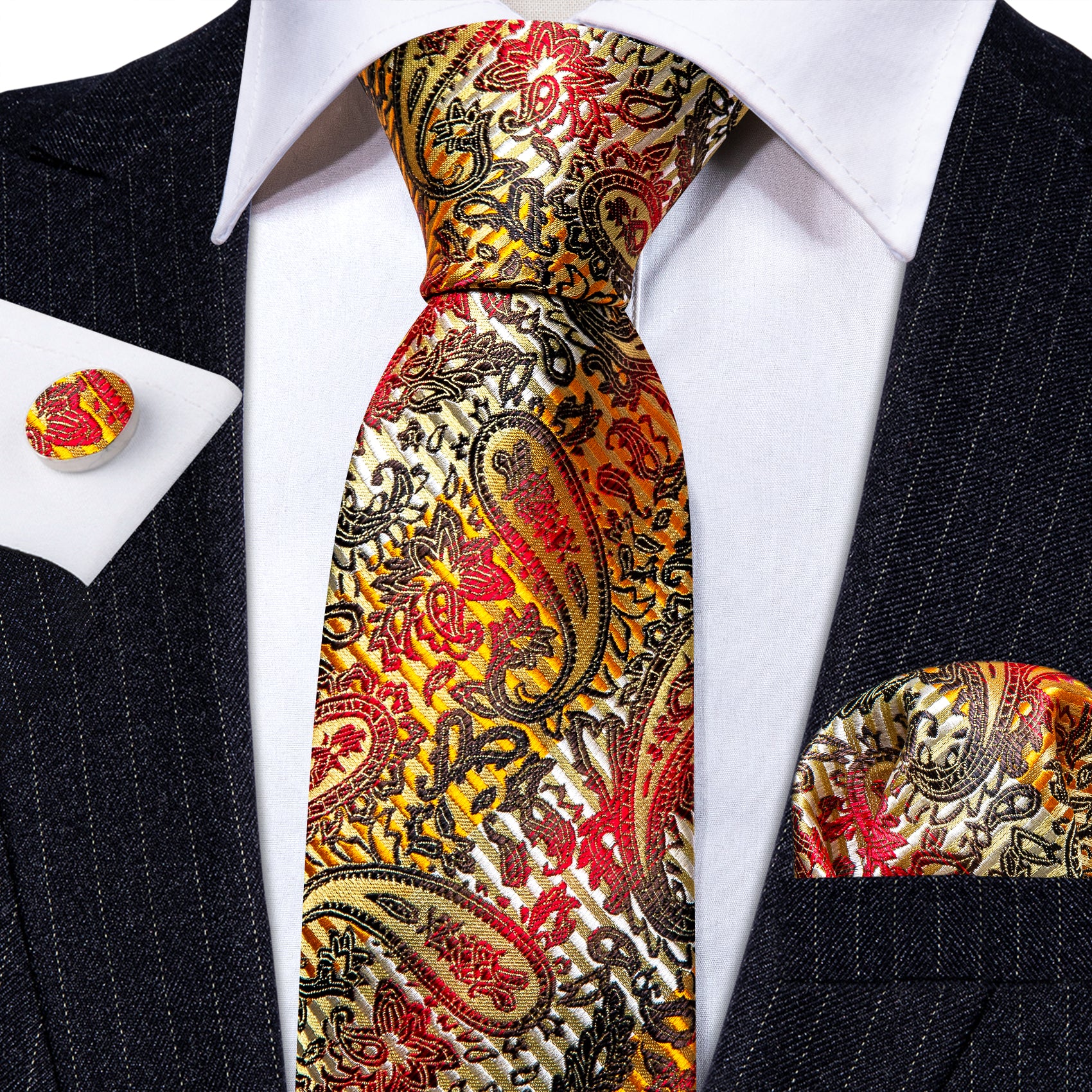 Colorful Gold Back Paisley Silk Tie Pocket Square Cufflinks Set