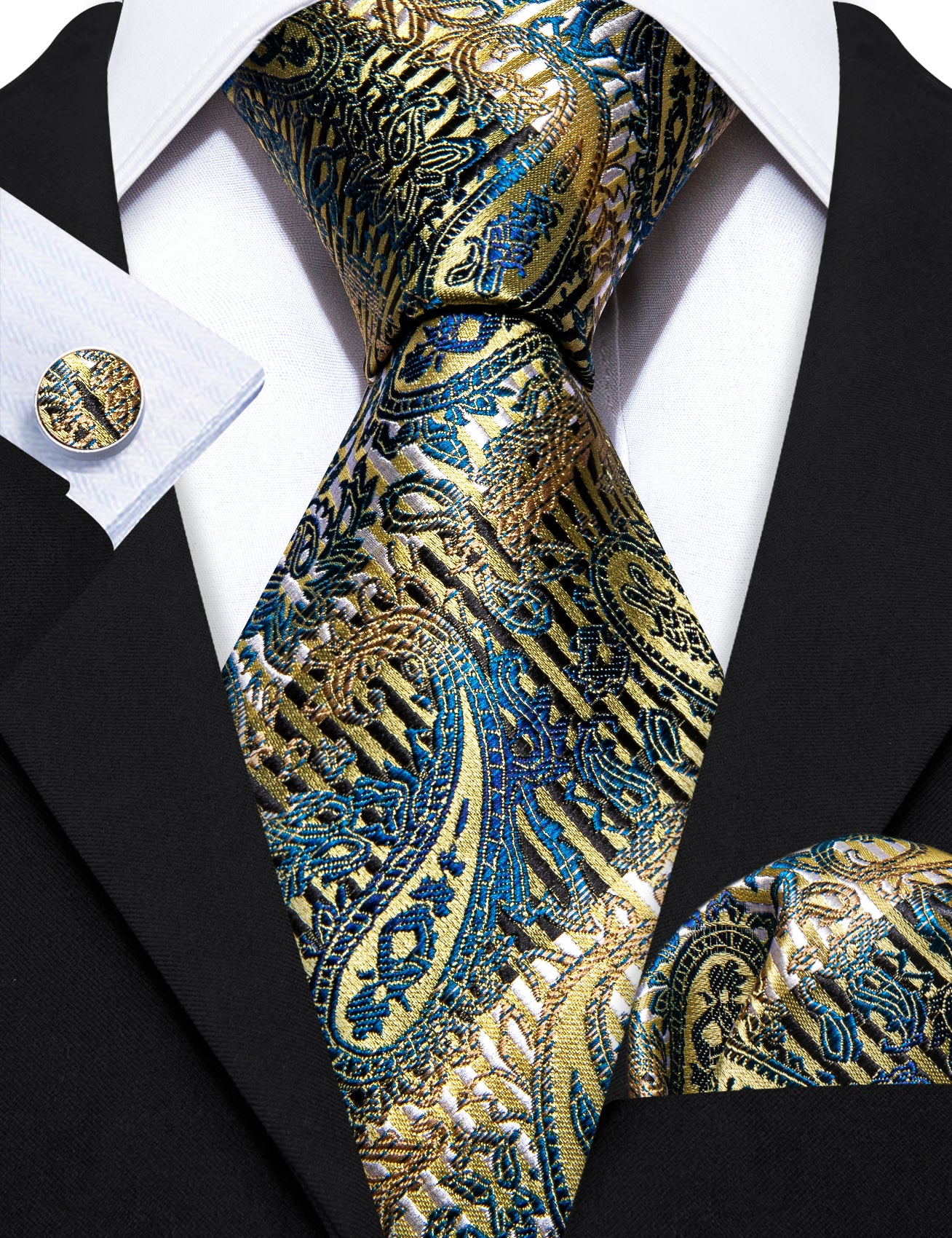 Gold Blue Paisley Silk Tie Pocket Square Cufflinks Set