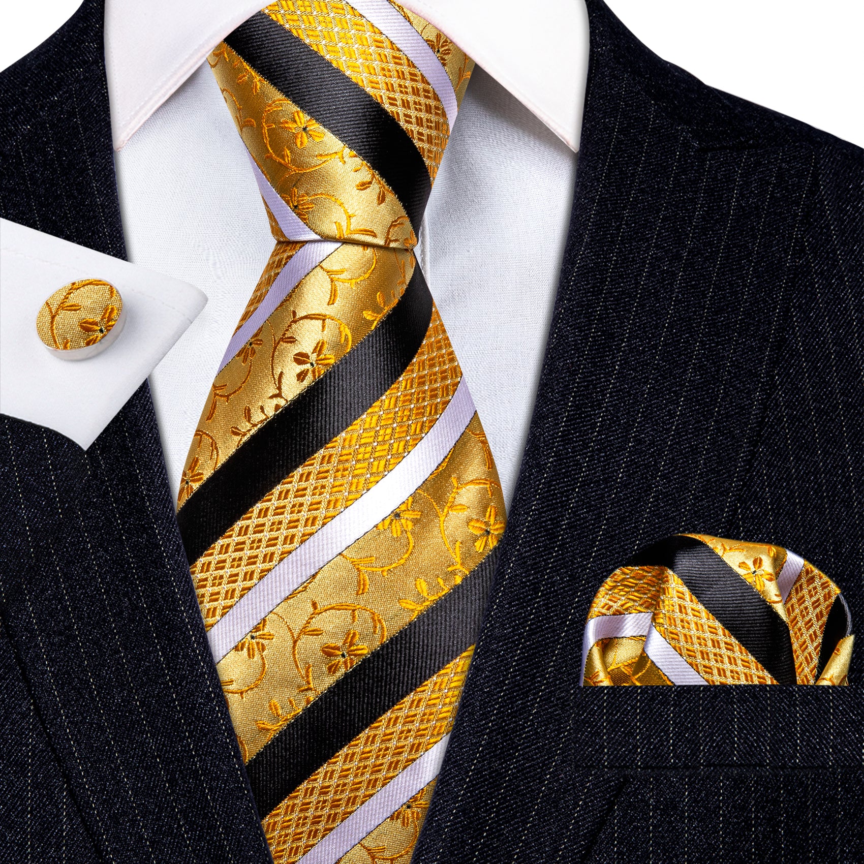 Gold Black Striped Floral Silk Tie Pocket Square Cufflinks Set