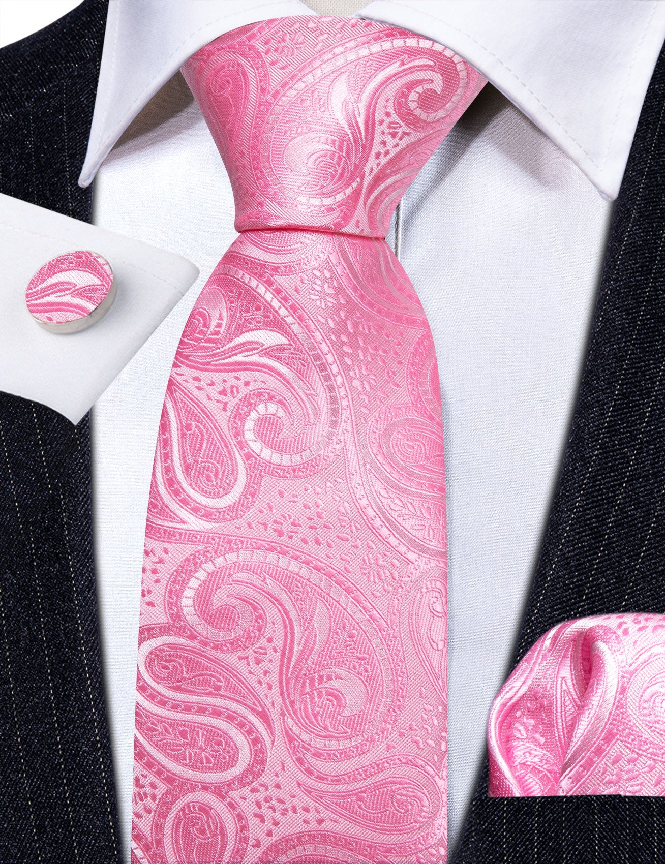 Pink Paisley Silk Tie Pocket Square Cufflinks Set