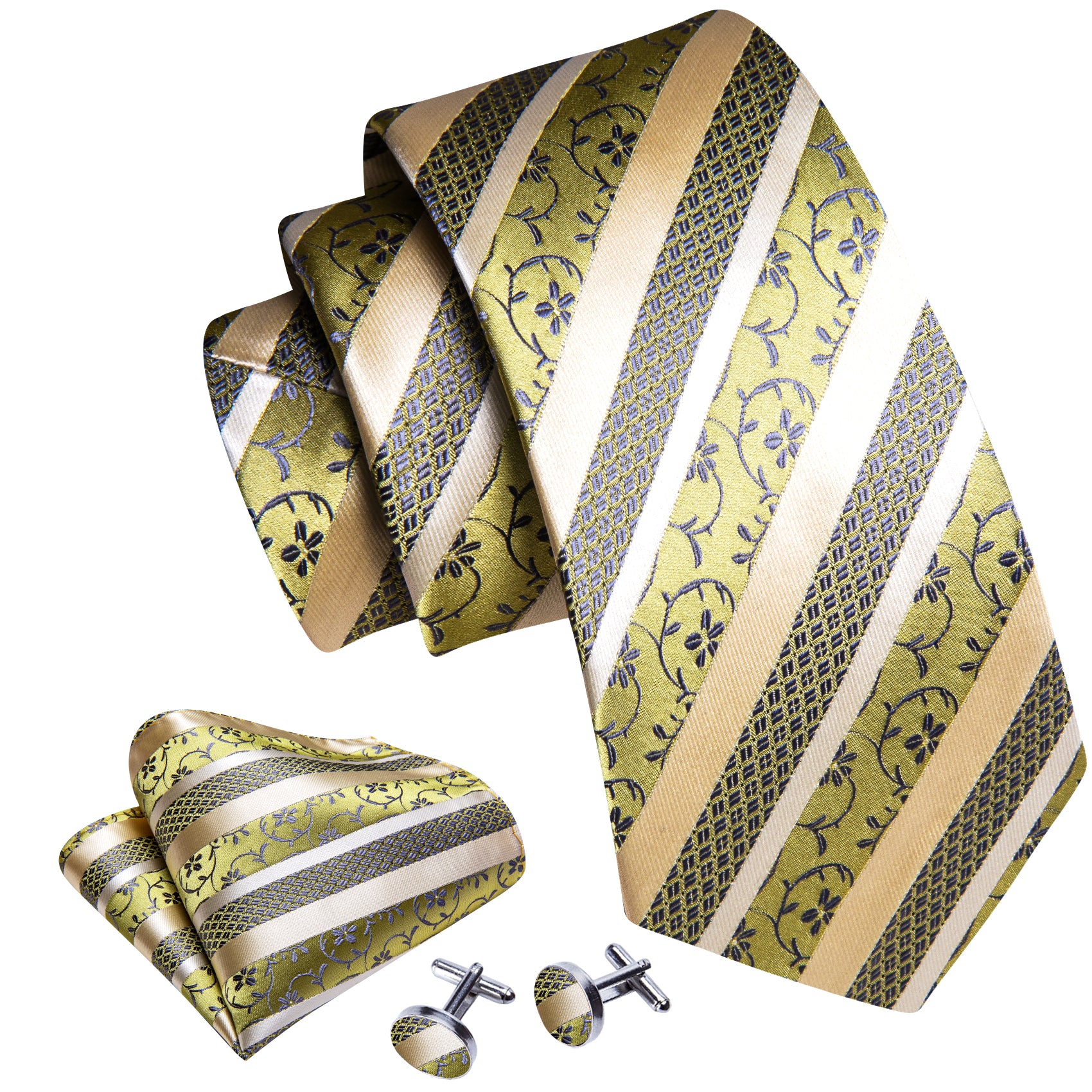 Green Khaki Striped Floral Silk Tie Pocket Square Cufflinks Set