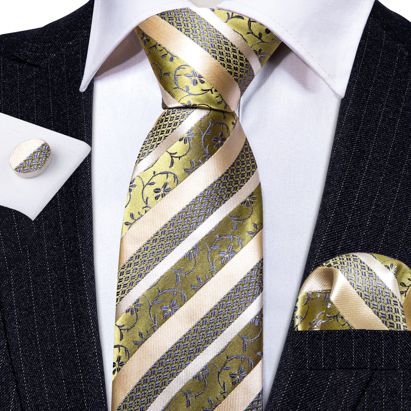 Green Khaki Striped Floral Silk Tie Pocket Square Cufflinks Set