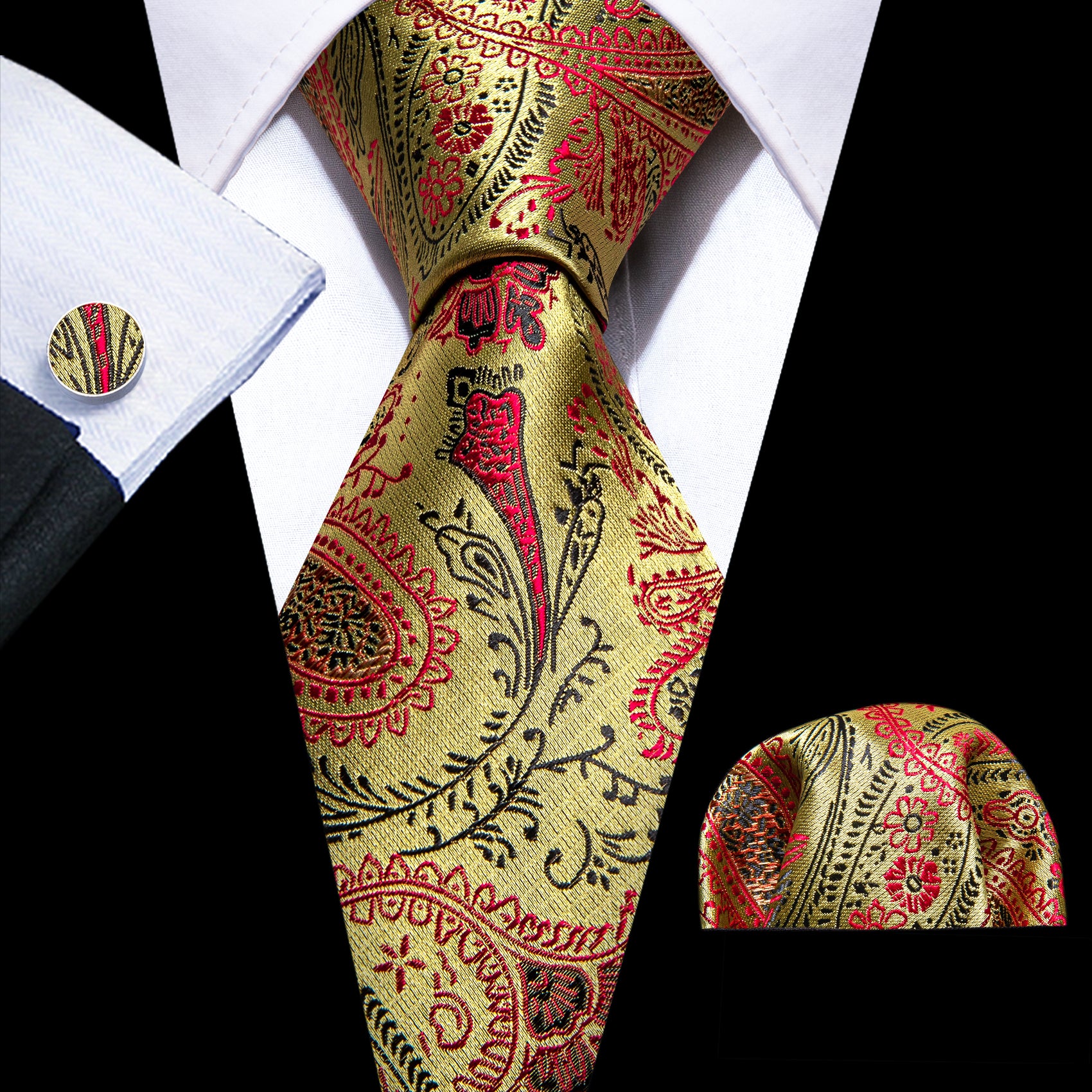 Gold Red Paisley Silk Tie Pocket Square Cufflinks Set