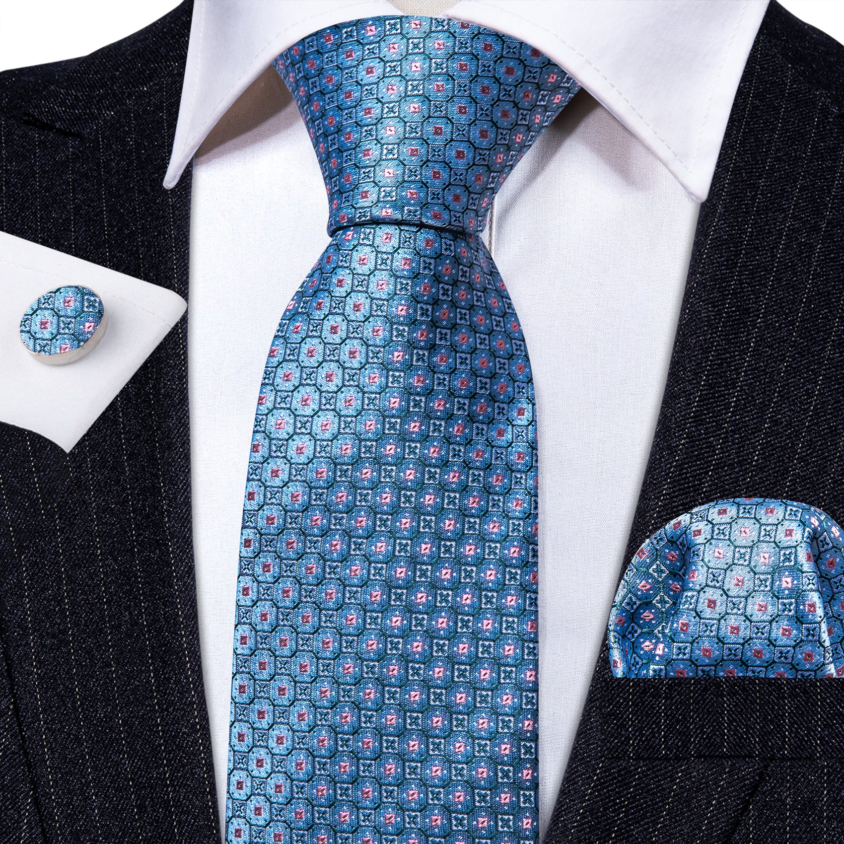 Blue Pink Plaid Silk Tie Pocket Square Cufflinks Set