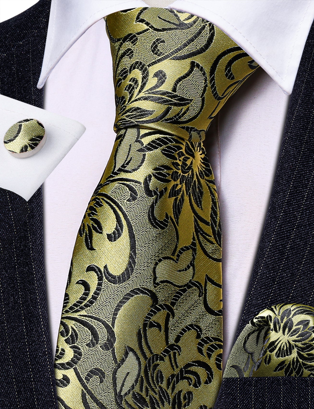 Gold Black Flower Silk Tie Hanky Cufflinks Set
