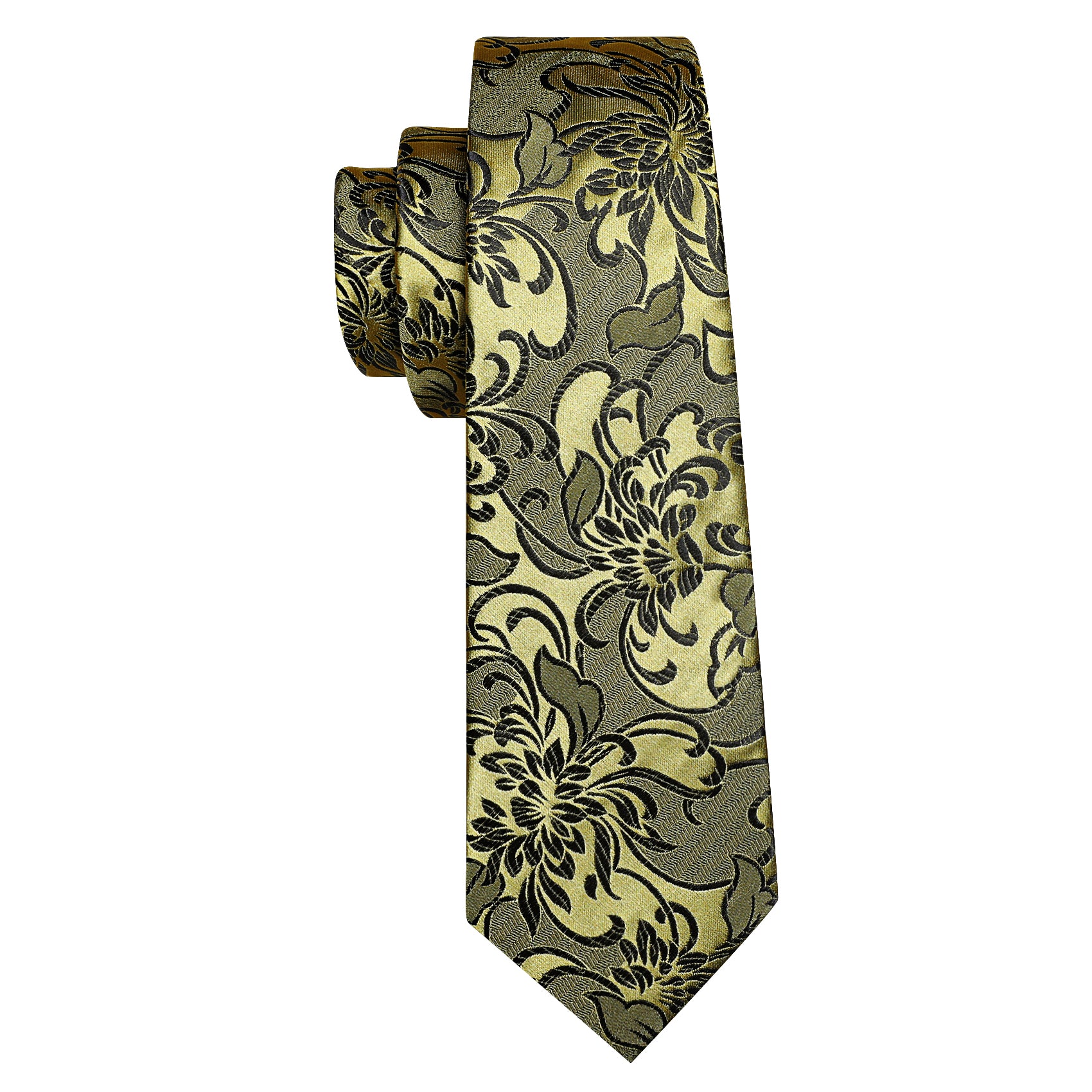 Gold Black Flower Silk Tie Hanky Cufflinks Set