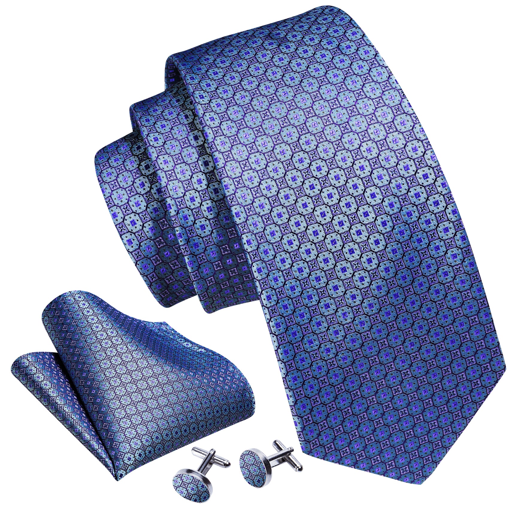 Novetly Blue Plaid Silk Tie Hanky Cufflinks Set