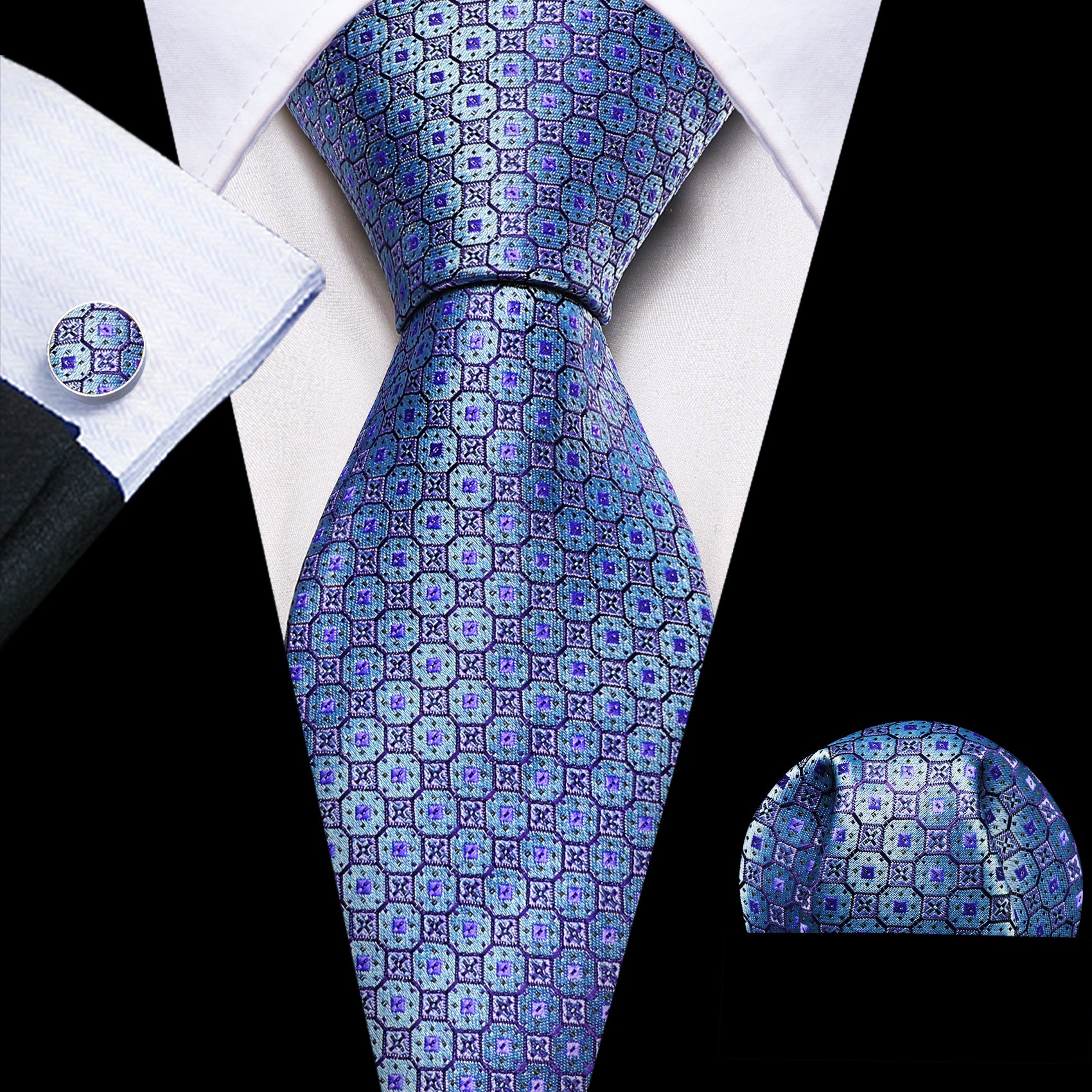 Novetly Blue Plaid Silk Tie Hanky Cufflinks Set