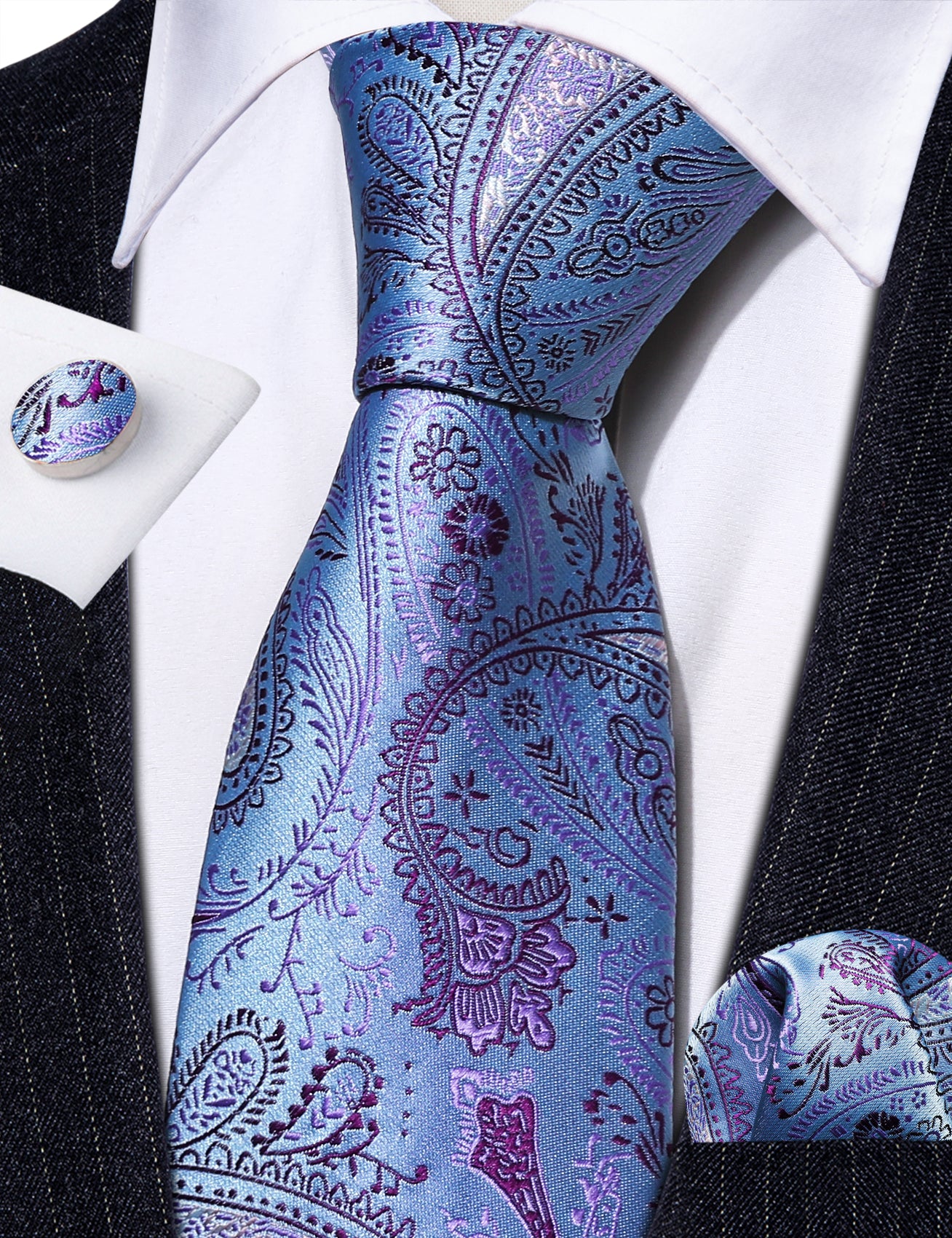 Purple Blue Paisley Silk Tie Hanky Cufflinks Set
