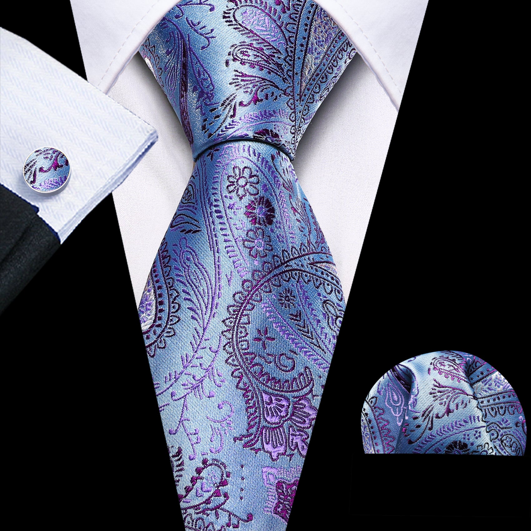 Purple Blue Paisley Silk Tie Hanky Cufflinks Set