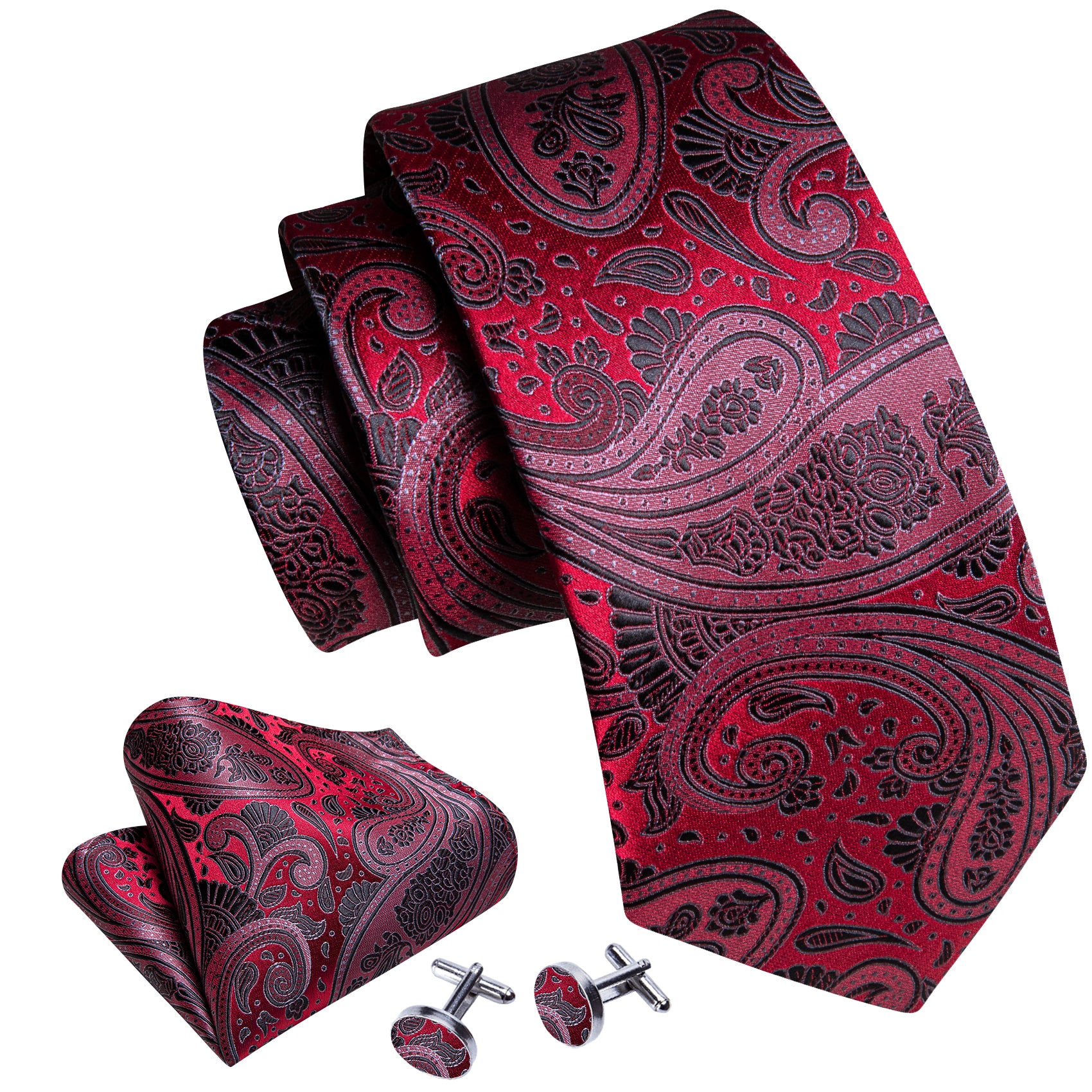 Beautiful Red Black Paisley Silk Tie Pocket Square Cufflinks Set