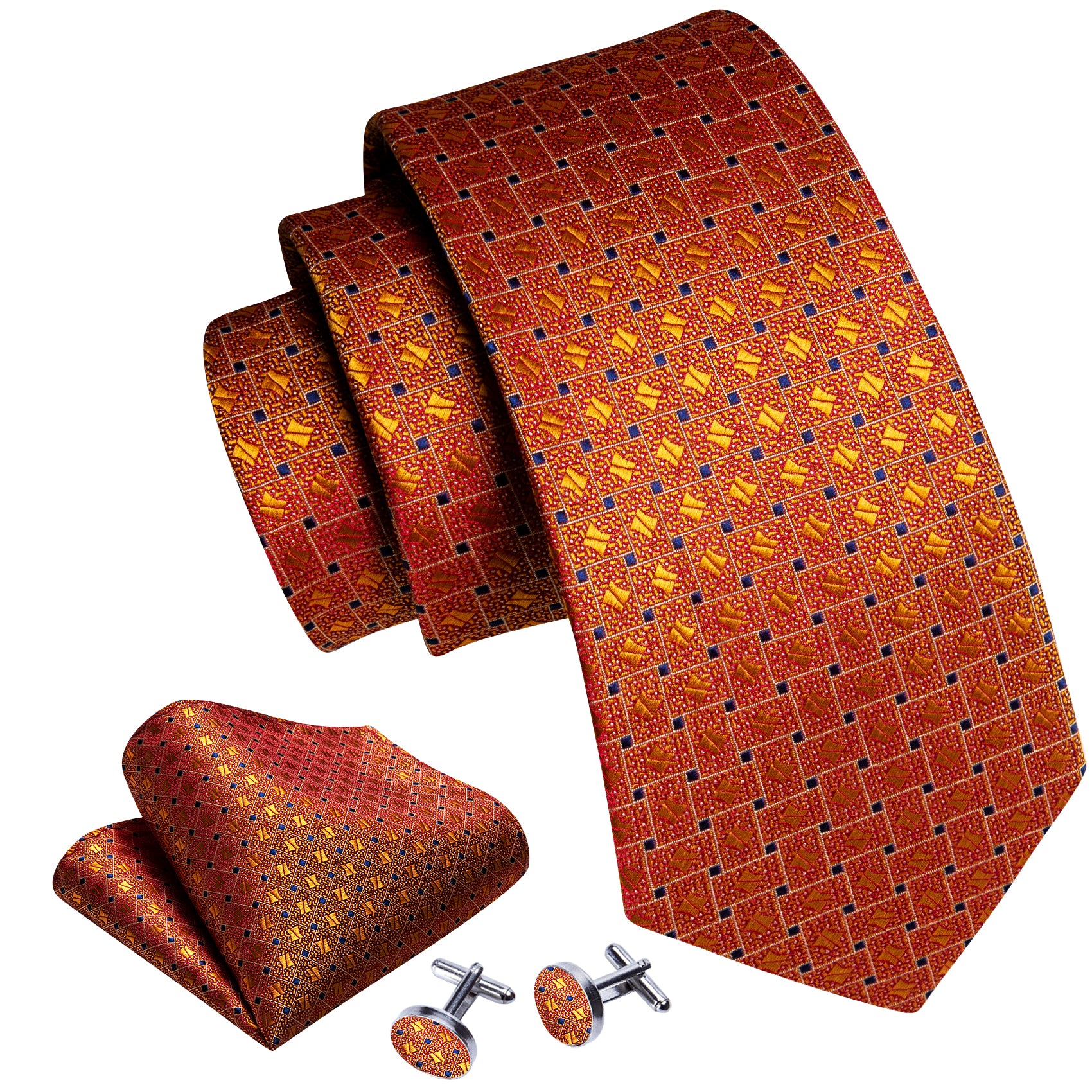 Novelty Orange Blue Plaid Silk Tie Pocket Square Cufflinks Set