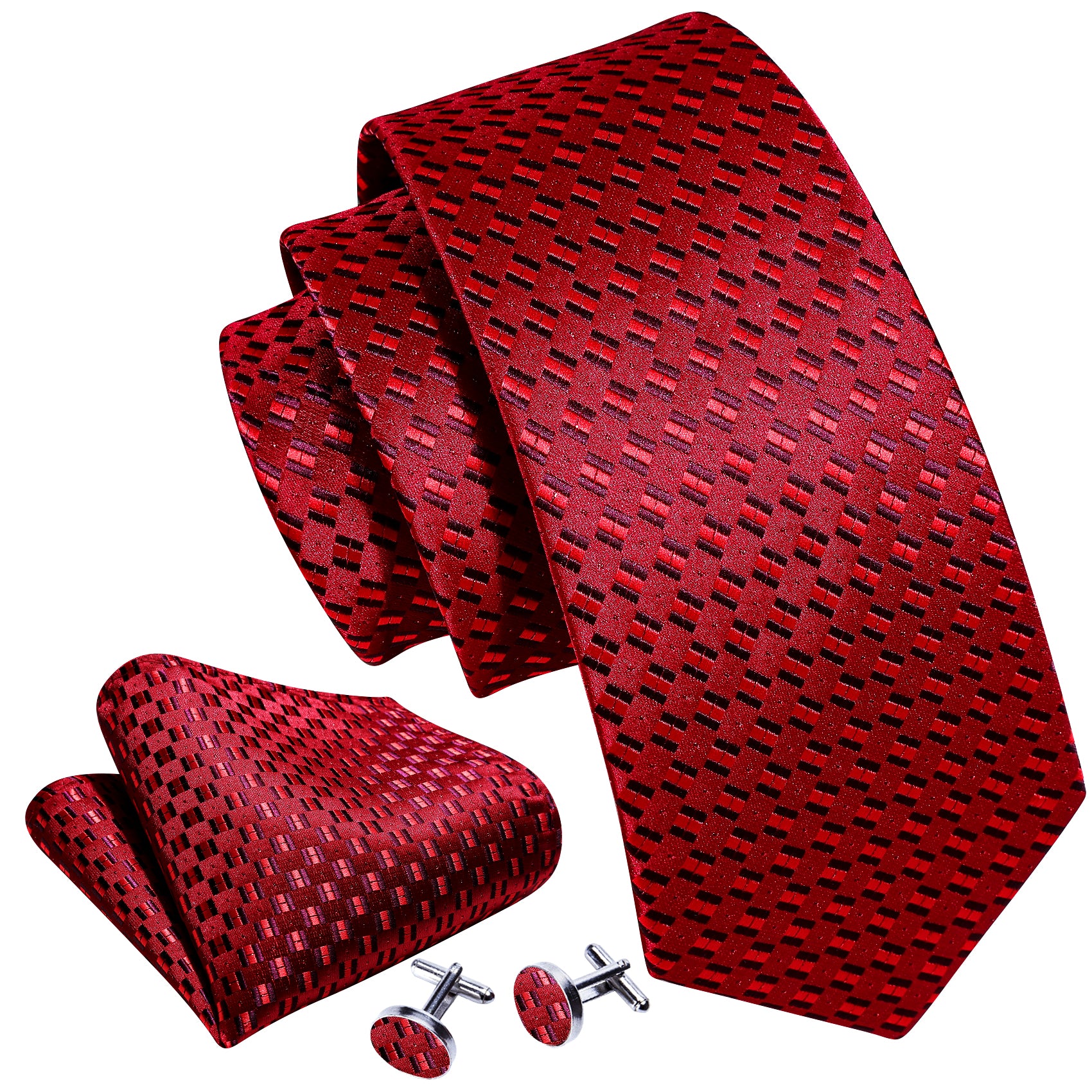 New Novetly Red 59 Inches Silk Tie Hanky Cufflinks Set