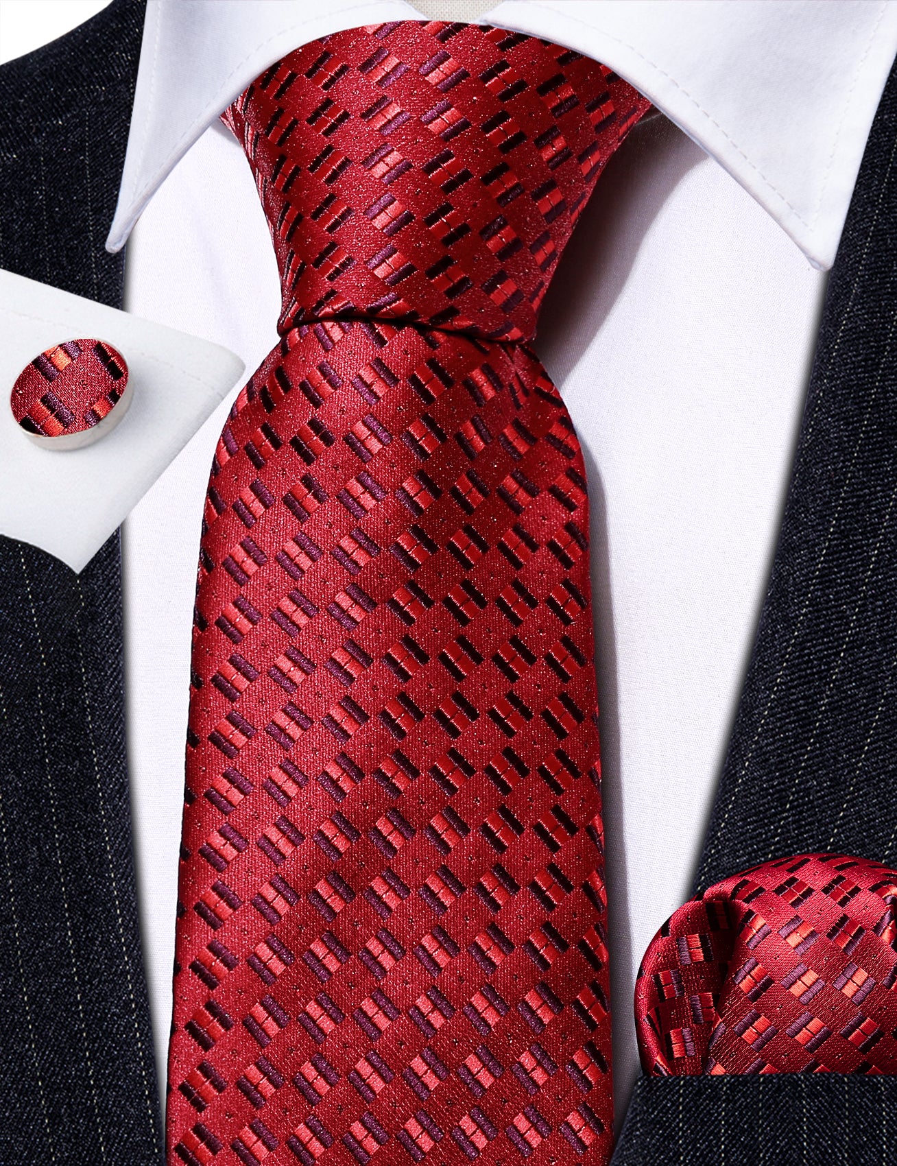 Novetly Red 59 Inches Silk Tie Hanky Cufflinks Set