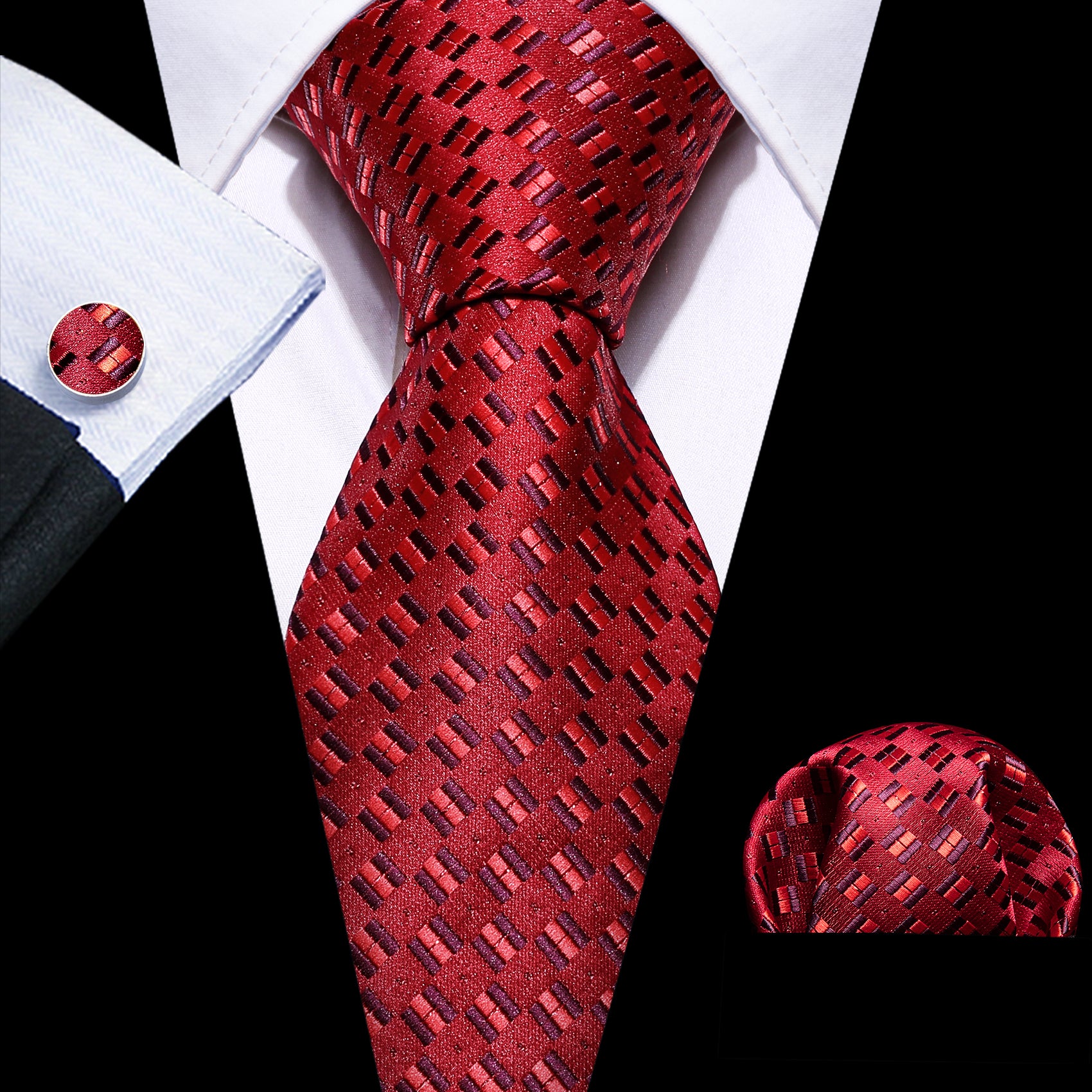 Novetly Red 59 Inches Silk Tie Hanky Cufflinks Set